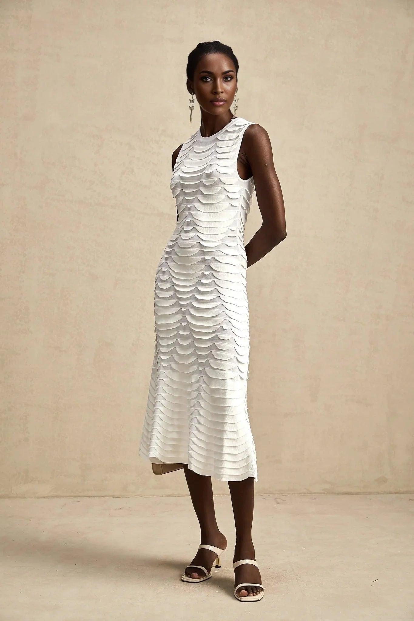 Kiera Midi Dress 3D Snake Pattern Godet Black & Flared