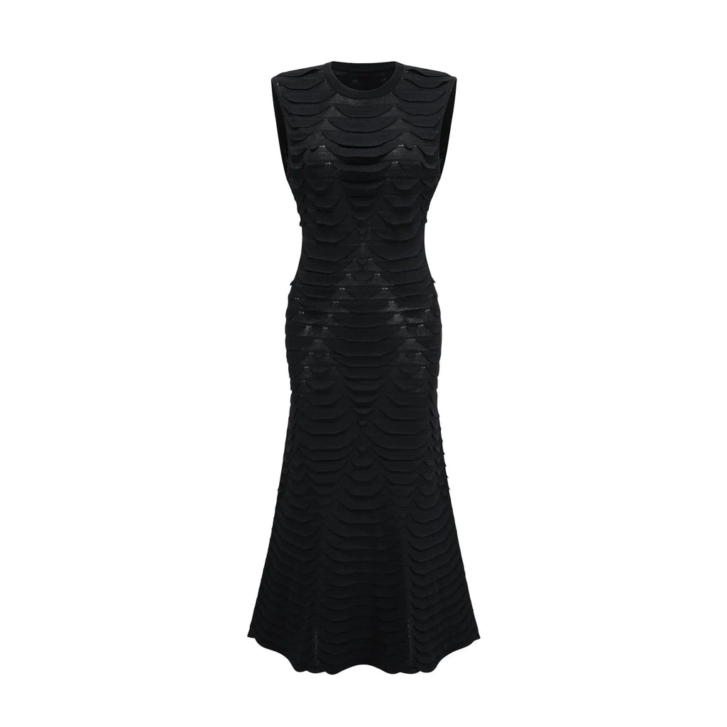 Kiera Midi Dress 3D Snake Pattern Godet Black & Flared