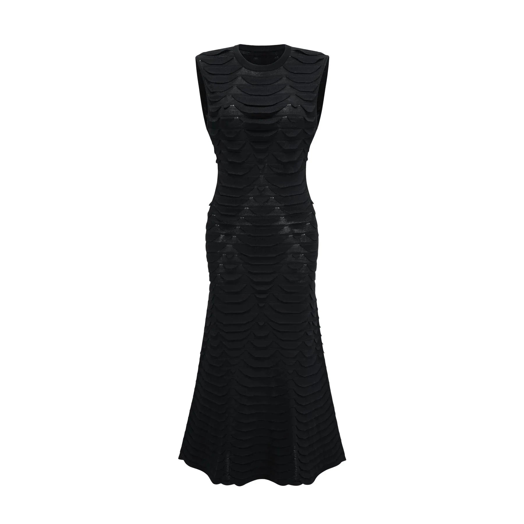 Kiera Midi Dress 3D Snake Pattern Godet Black & Flared