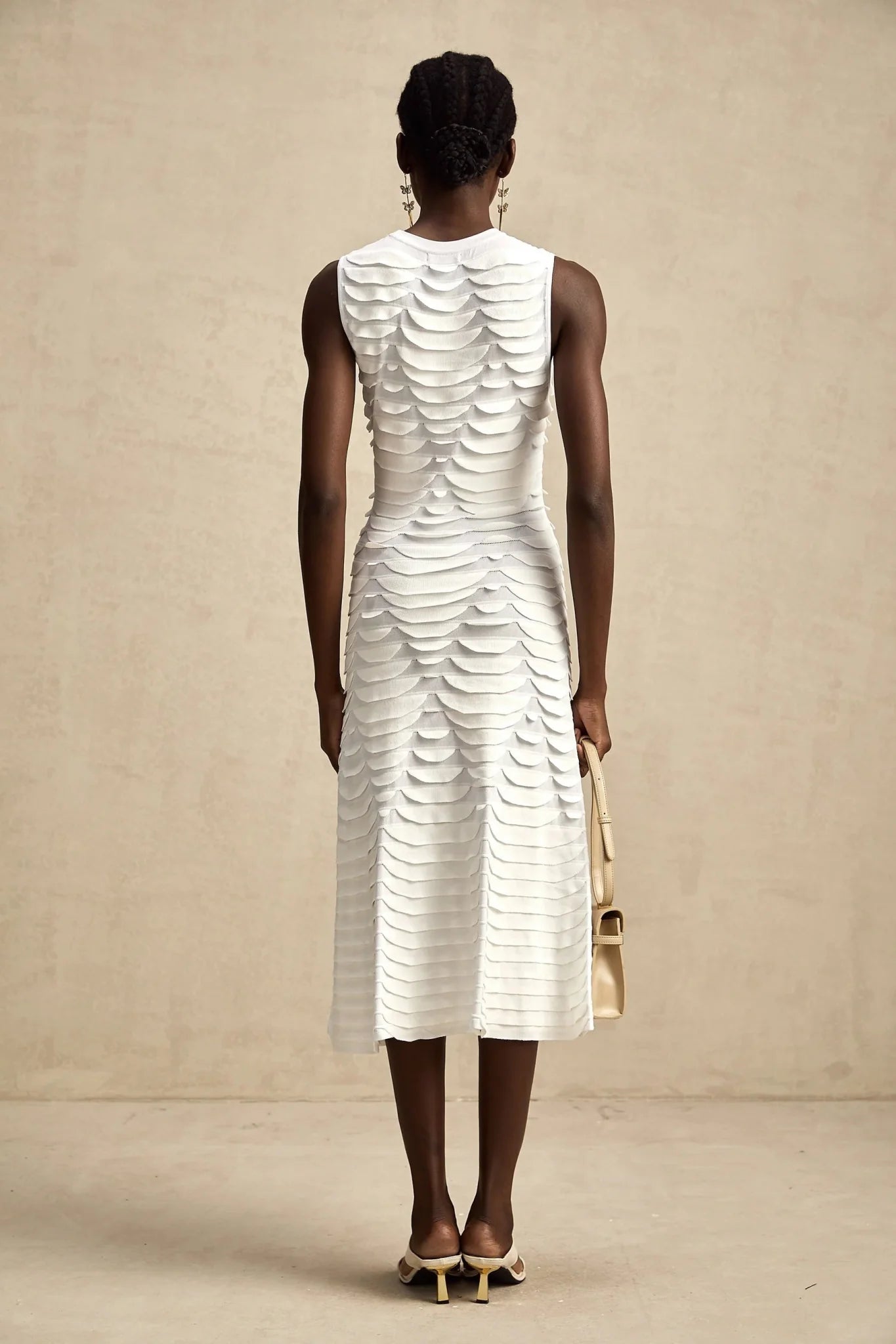 Kiera Midi Dress 3D Snake Pattern Godet Black & Flared
