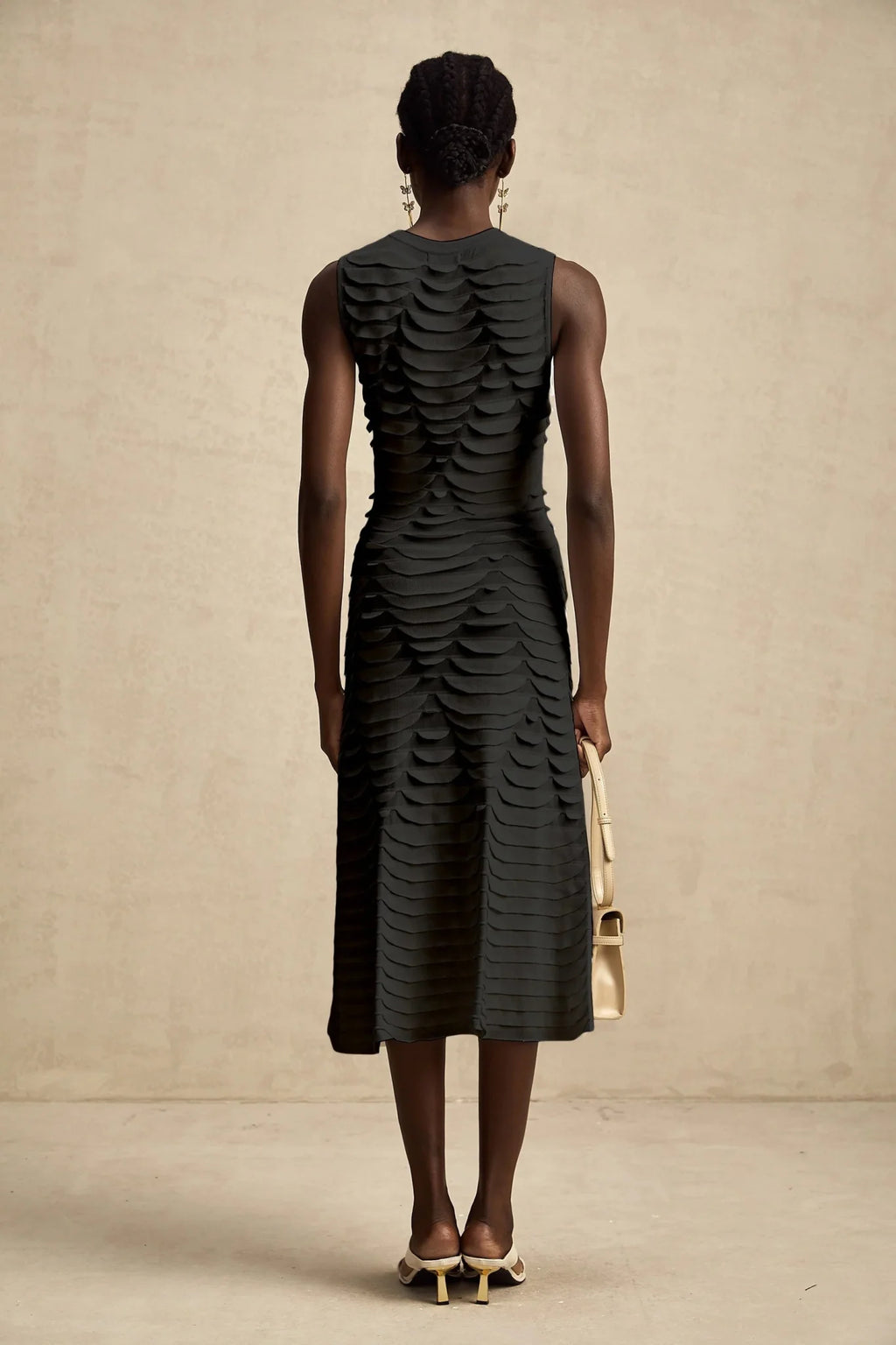 Kiera Midi Dress 3D Snake Pattern Godet Black & Flared