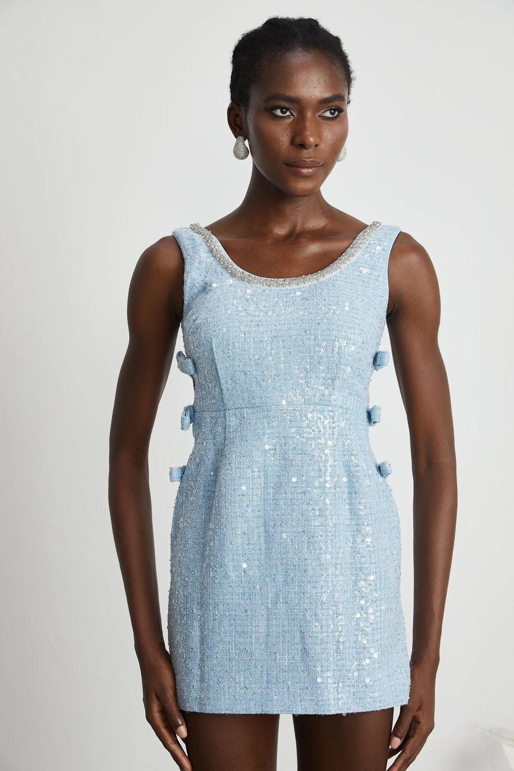 Kiera Mini Dress Blue Sequin Bow Cut Out & Crystal Embellishment