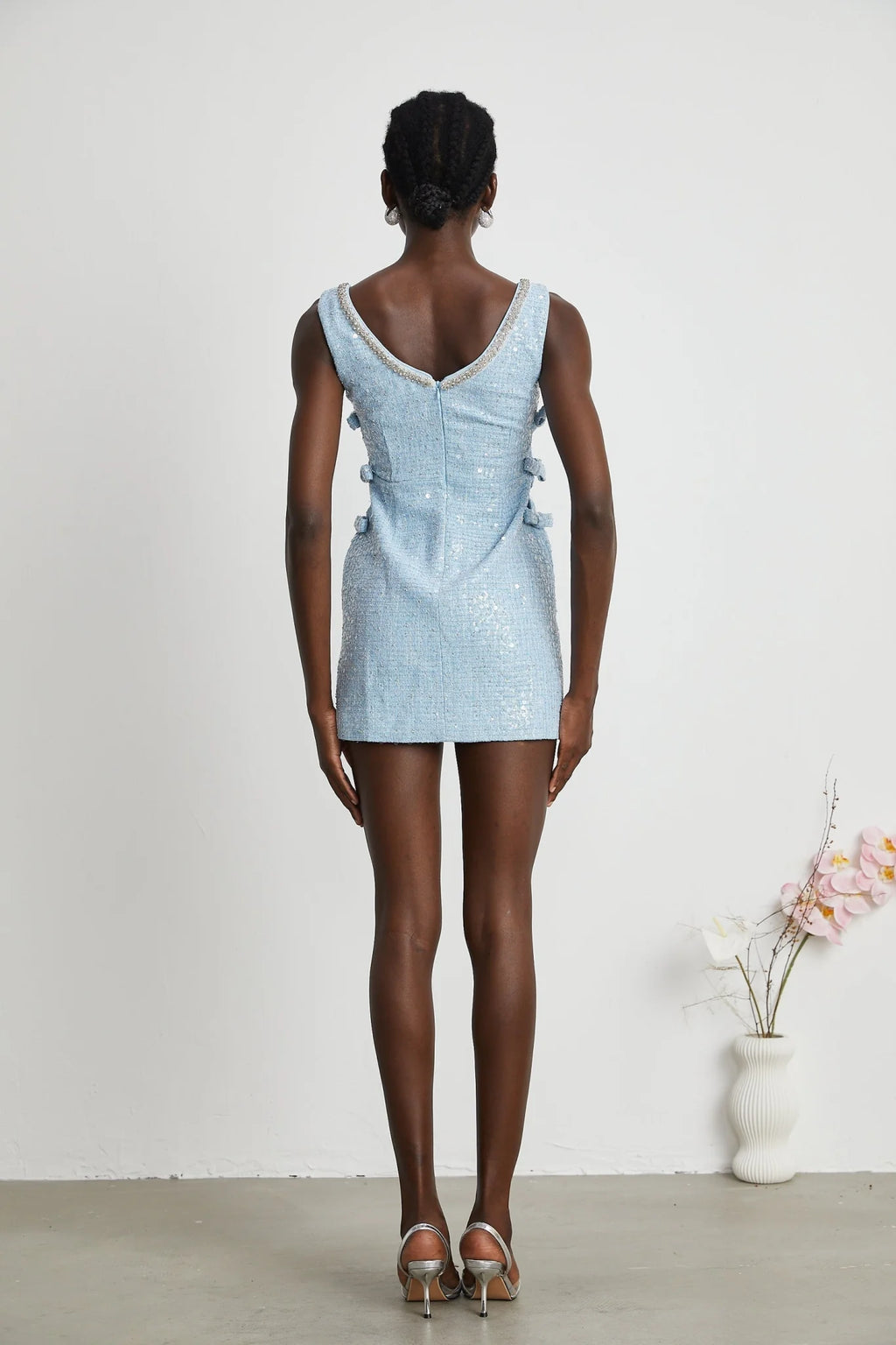 Kiera Mini Dress Blue Sequin Bow Cut Out & Crystal Embellishment