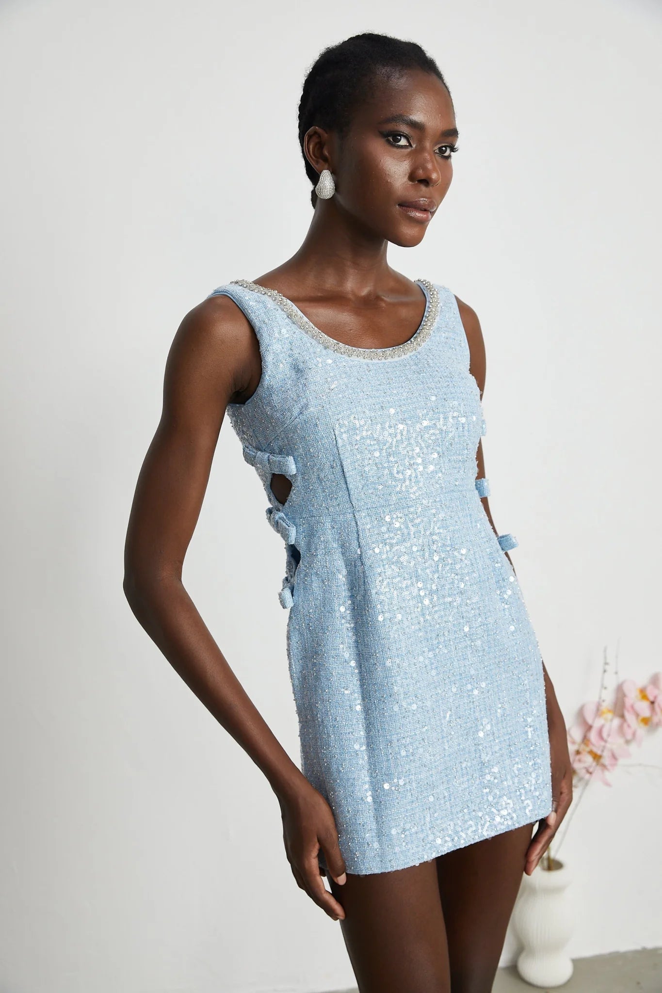 Kiera Mini Dress Blue Sequin Bow Cut Out & Crystal Embellishment