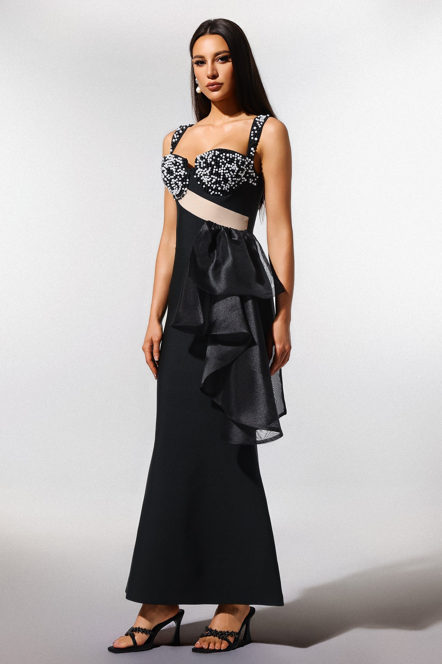 Kimberly Black Pearl Detail Sweetheart Neckline Dress