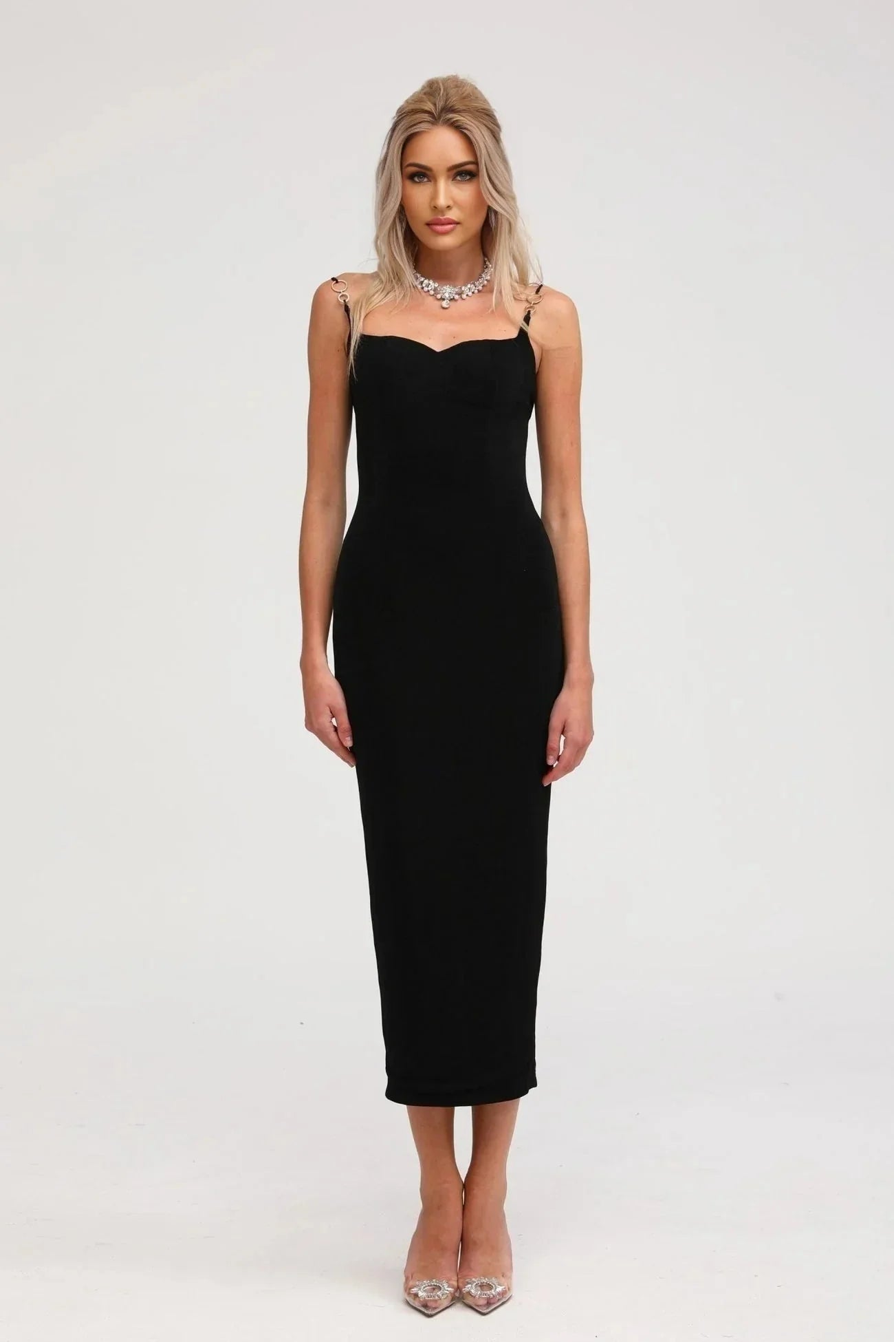 Kimberly Midi Dress Black Bustier Off - shoulder Design