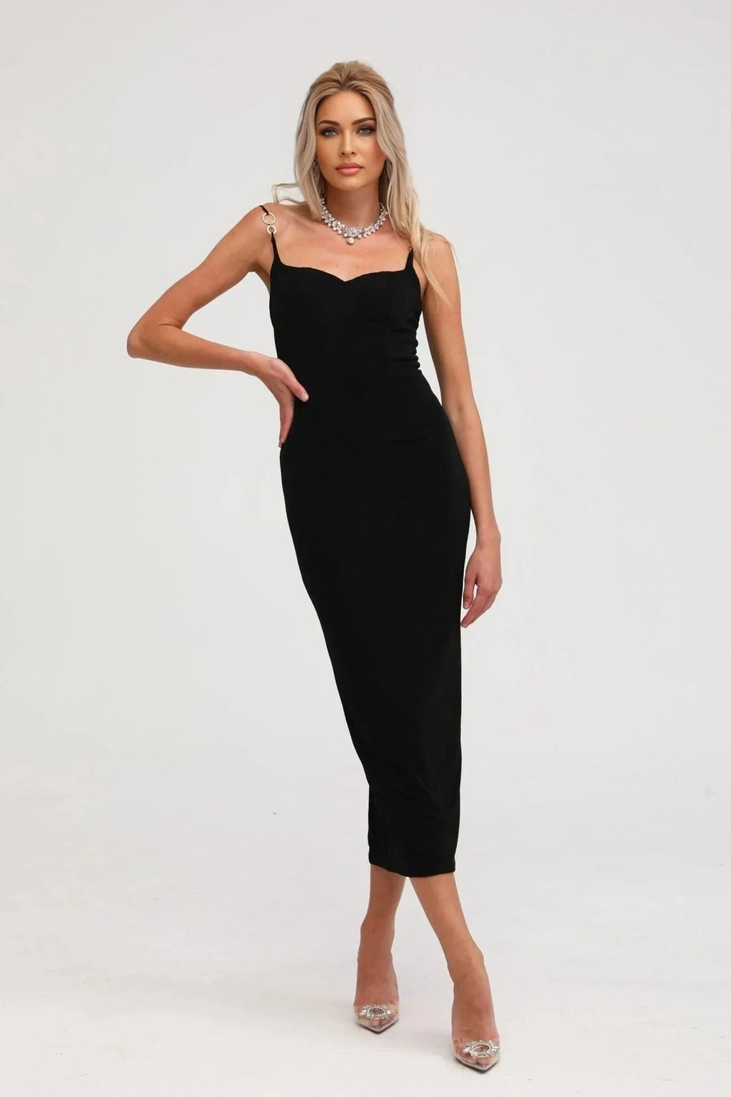 Kimberly Midi Dress Black Bustier Off - shoulder Design