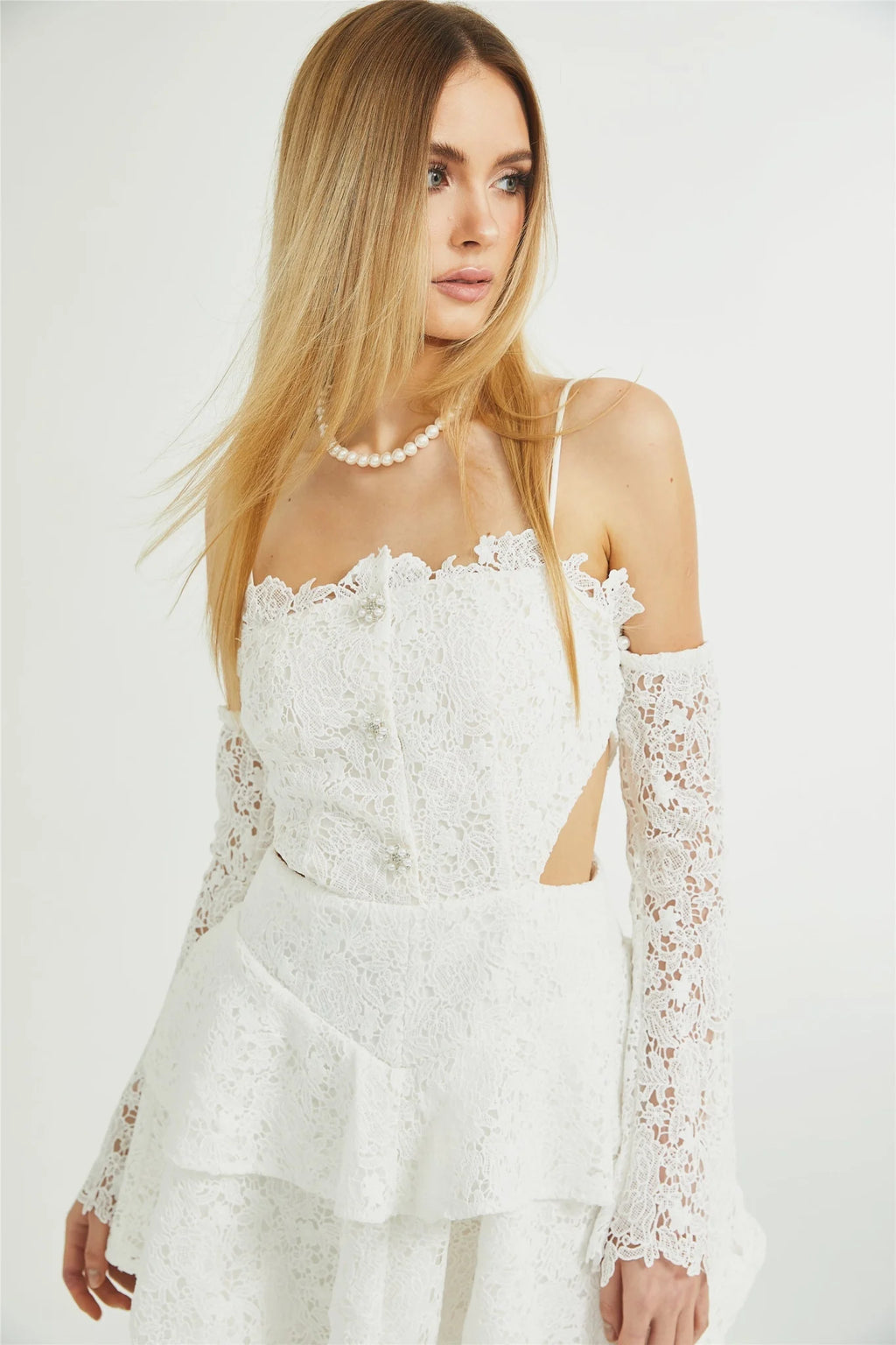 Kimberly Mini Dress White Lace Cut Out Ruffle Hem
