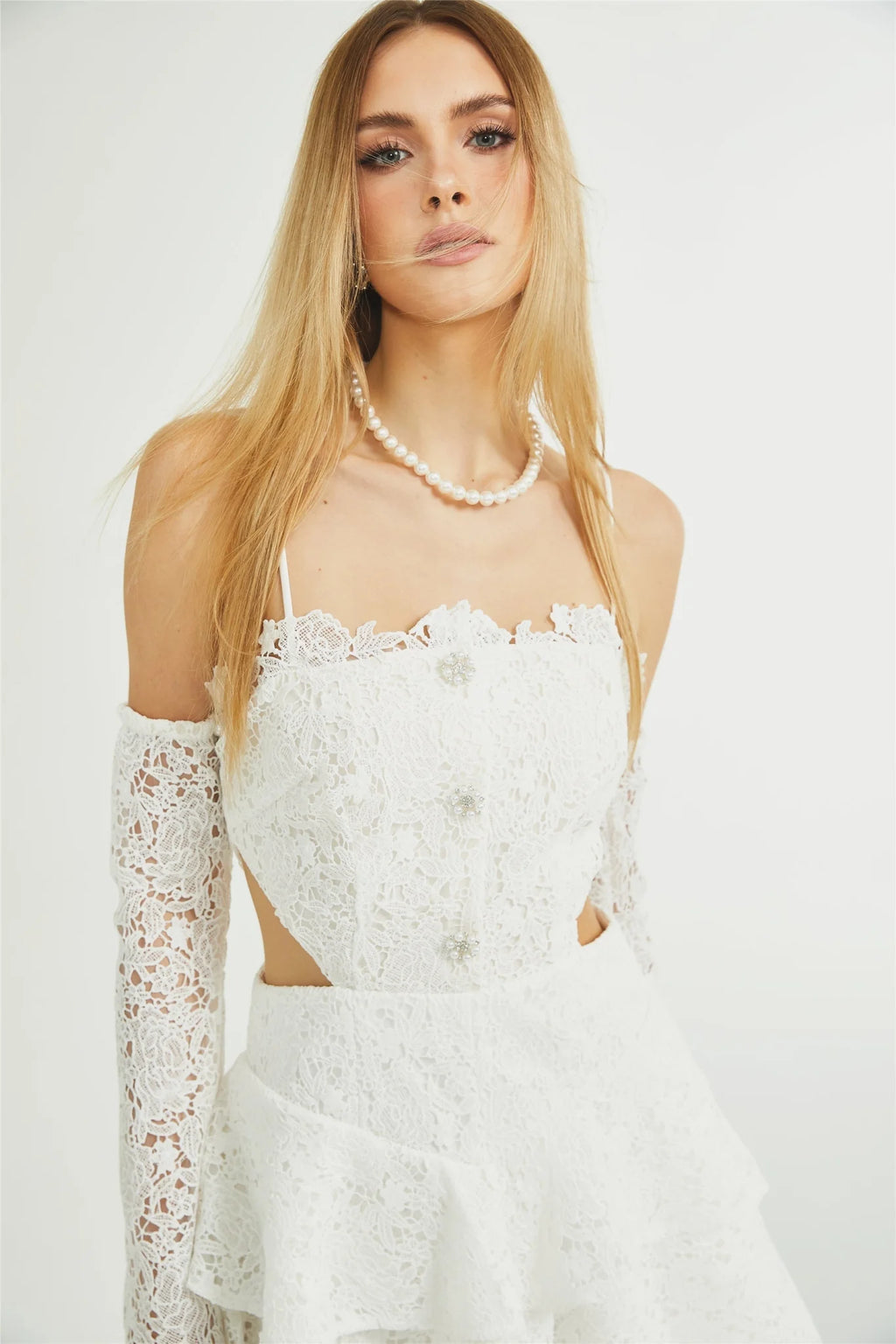 Kimberly Mini Dress White Lace Cut Out Ruffle Hem