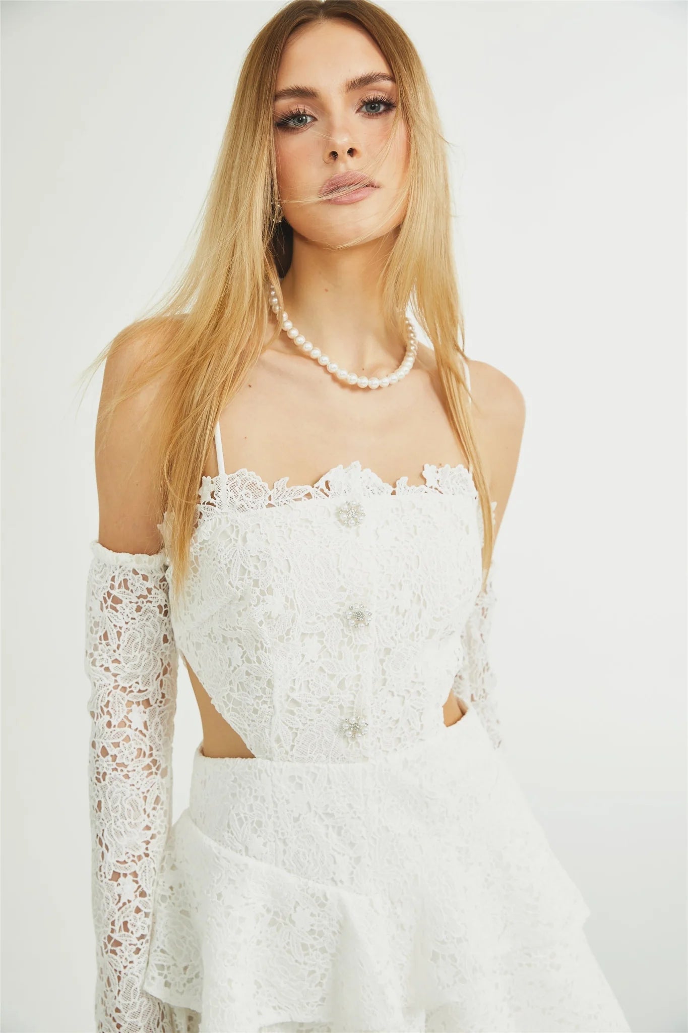 Kimberly Mini Dress White Lace Cut Out Ruffle Hem