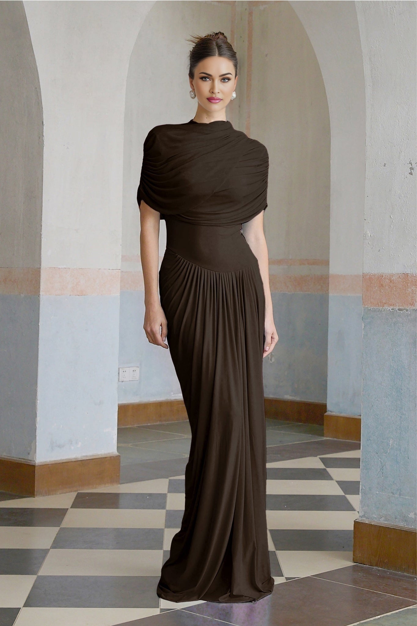 Kimberly Rich Brown Maxi Dress with Asymmetric Pleats and Draped Details