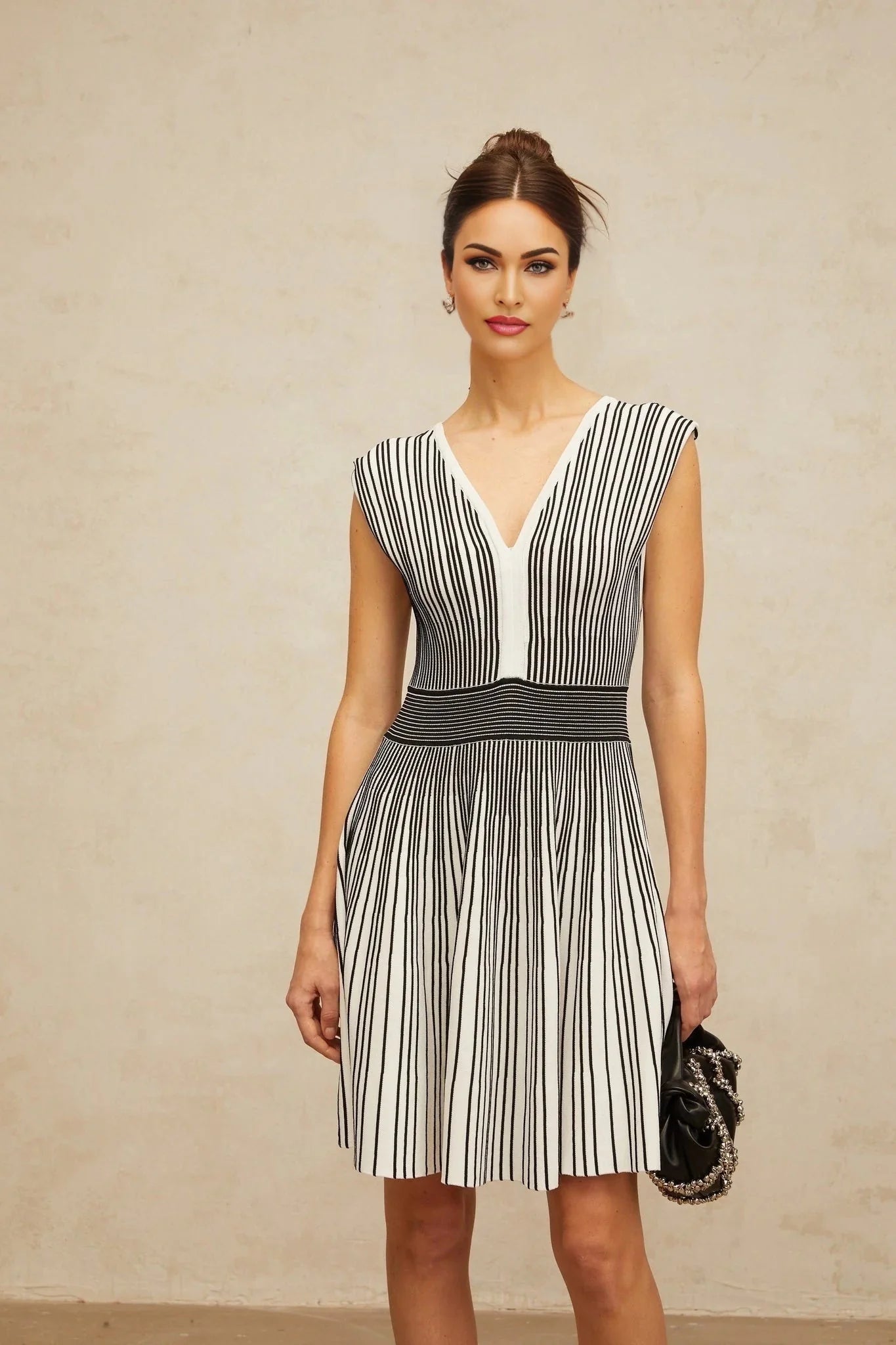 Kimora Mini Dress Black & White Vertical Stripe Knit Chichoria