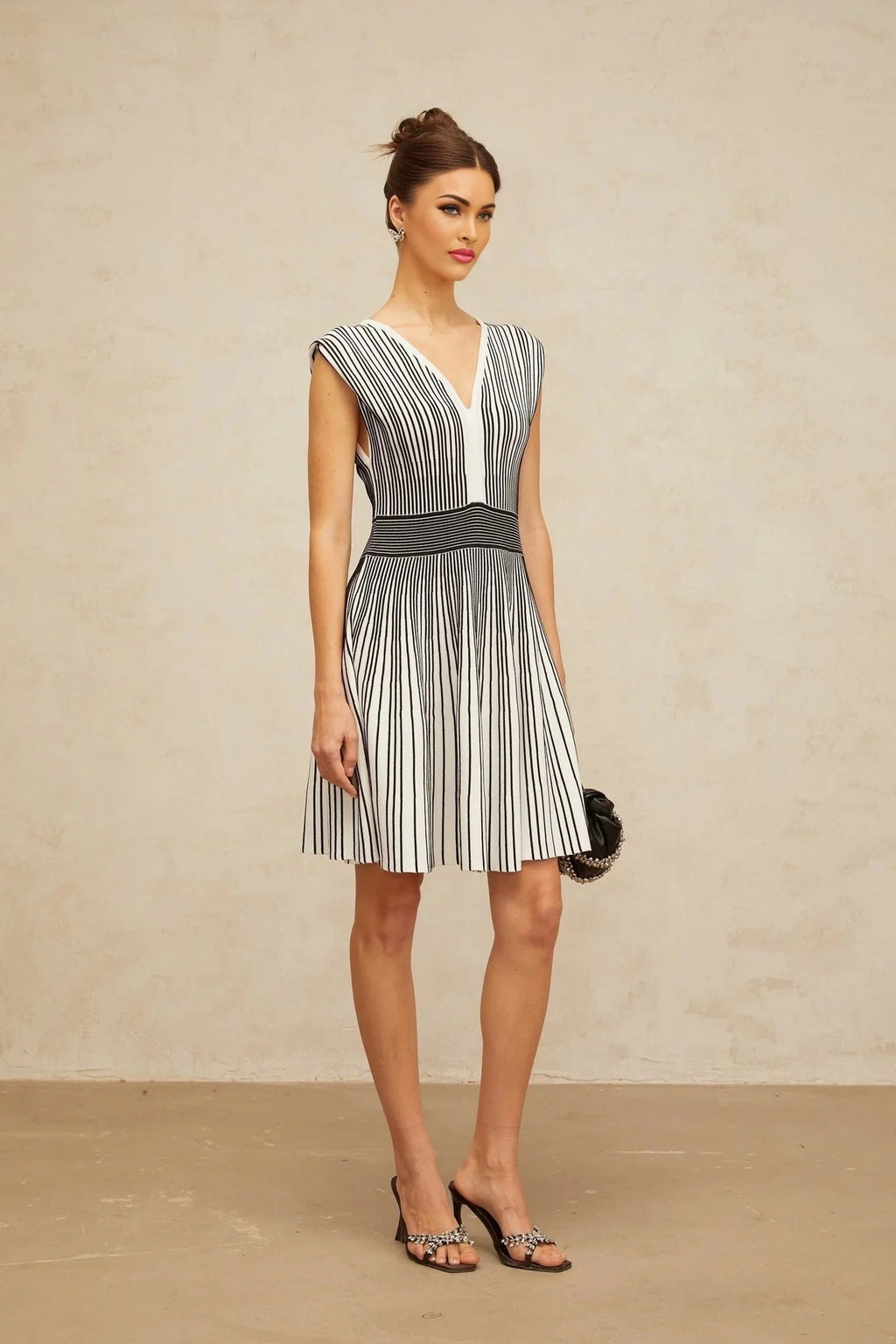 Kimora Mini Dress Black & White Vertical Stripe Knit Chichoria