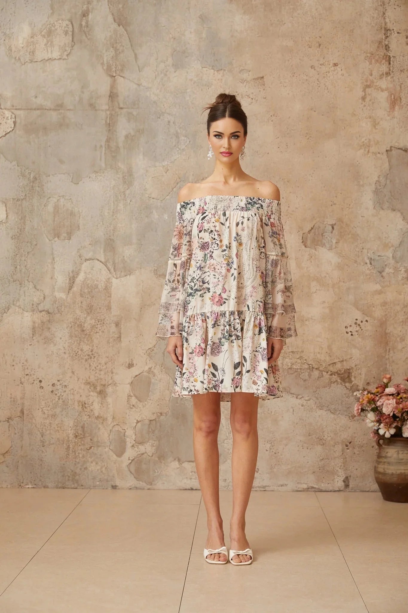 Kimora Mini Dress White & Multicolor Floral Smocked Rhinestone Embellished