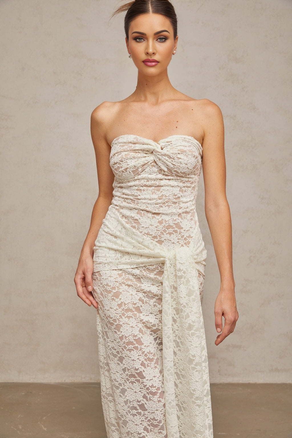 Kylie Midi Dress White Lace Draped & Ruched Strapless