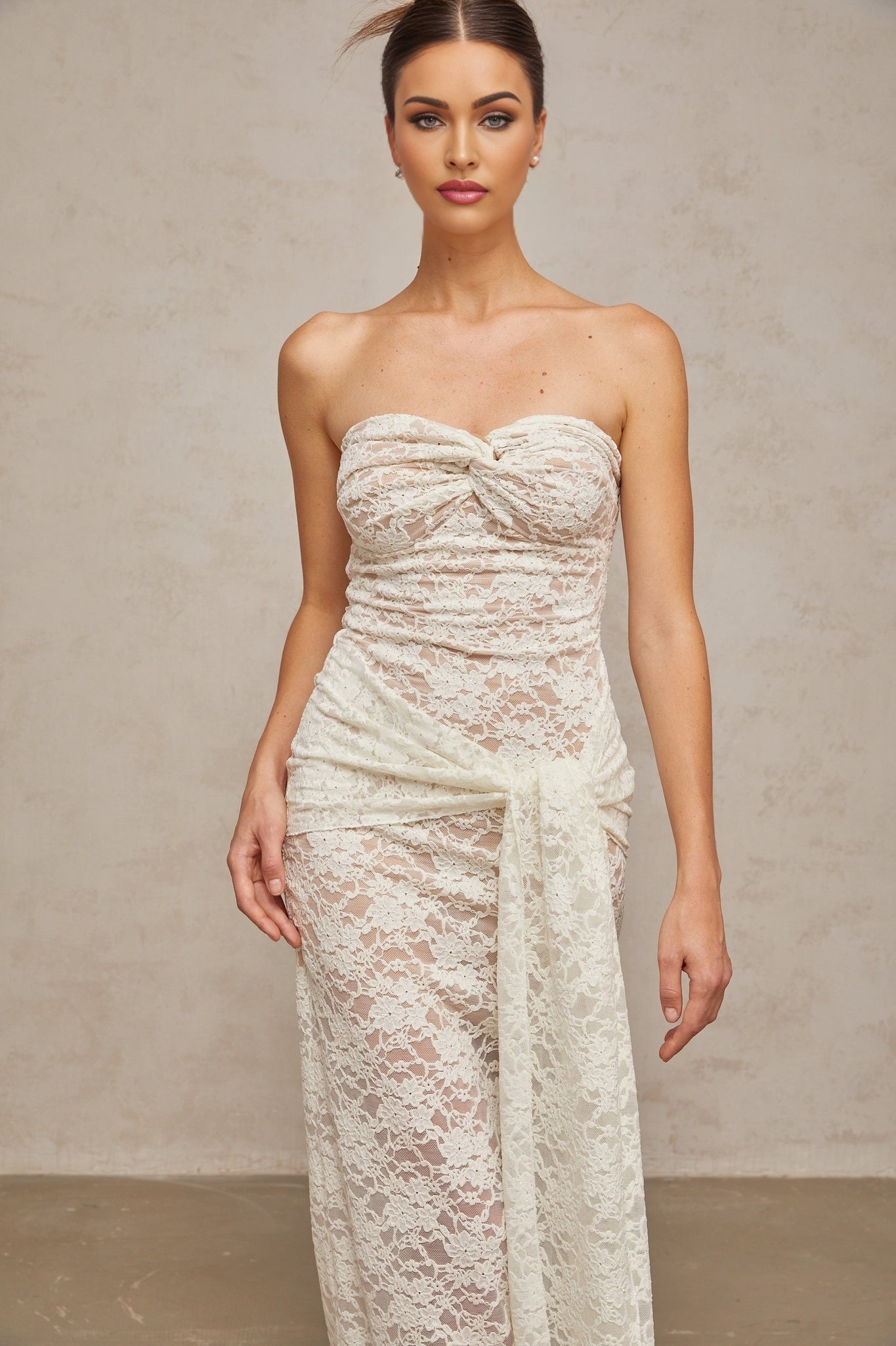 Kylie Midi Dress White Lace Draped & Ruched Strapless