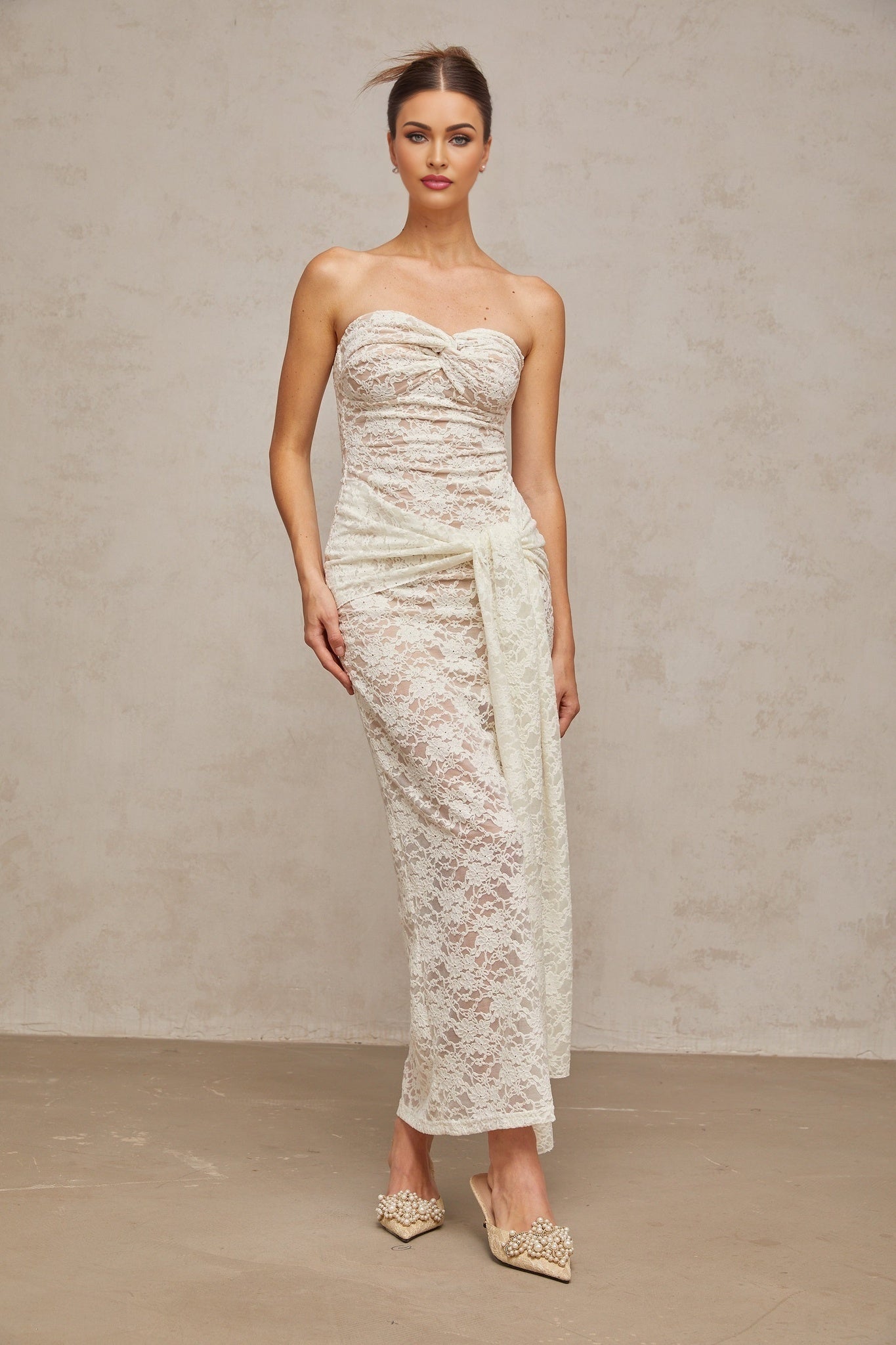 Kylie Midi Dress White Lace Draped & Ruched Strapless