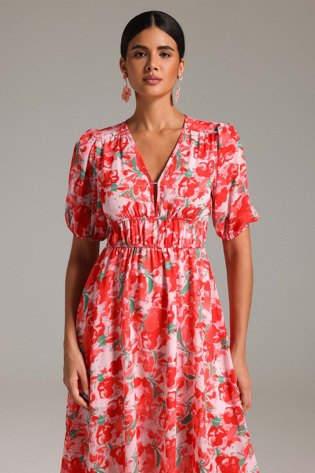Kylie Red Floral Print Smocked Waist Dress