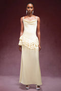Kylie Yellow Satin Cowl Neck Sleeveless Dress with Falbala Detailing for Formal Occasions