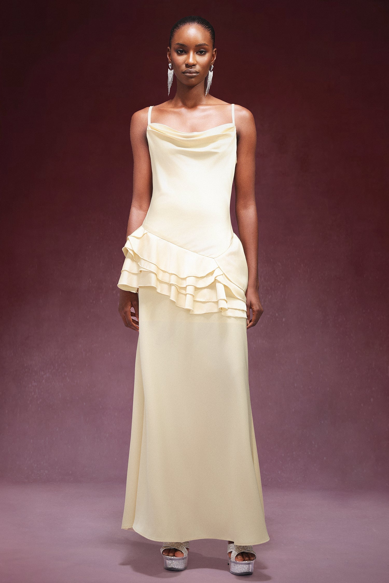 Kylie Yellow Satin Cowl Neck Sleeveless Dress with Falbala Detailing for Formal Occasions