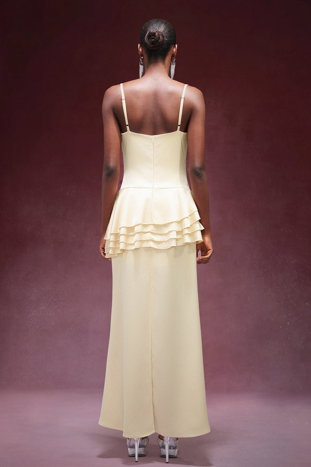 Kylie Yellow Satin Cowl Neck Sleeveless Formal Gown with Falbala Detailing