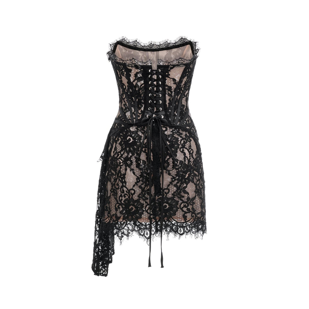 Kylitha Mini Dress - Lace Details - Spaghetti Strap Closure - Off the Shoulder - Bow