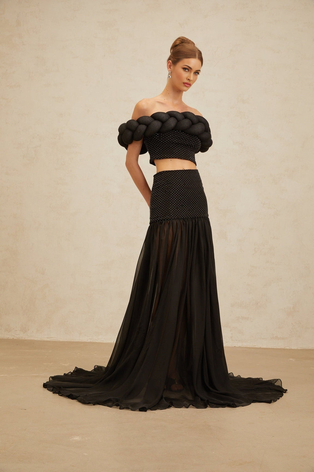 Lacey Crop Top - Off - the - shoulder - Braid Detail - Rhinestone Embellishments