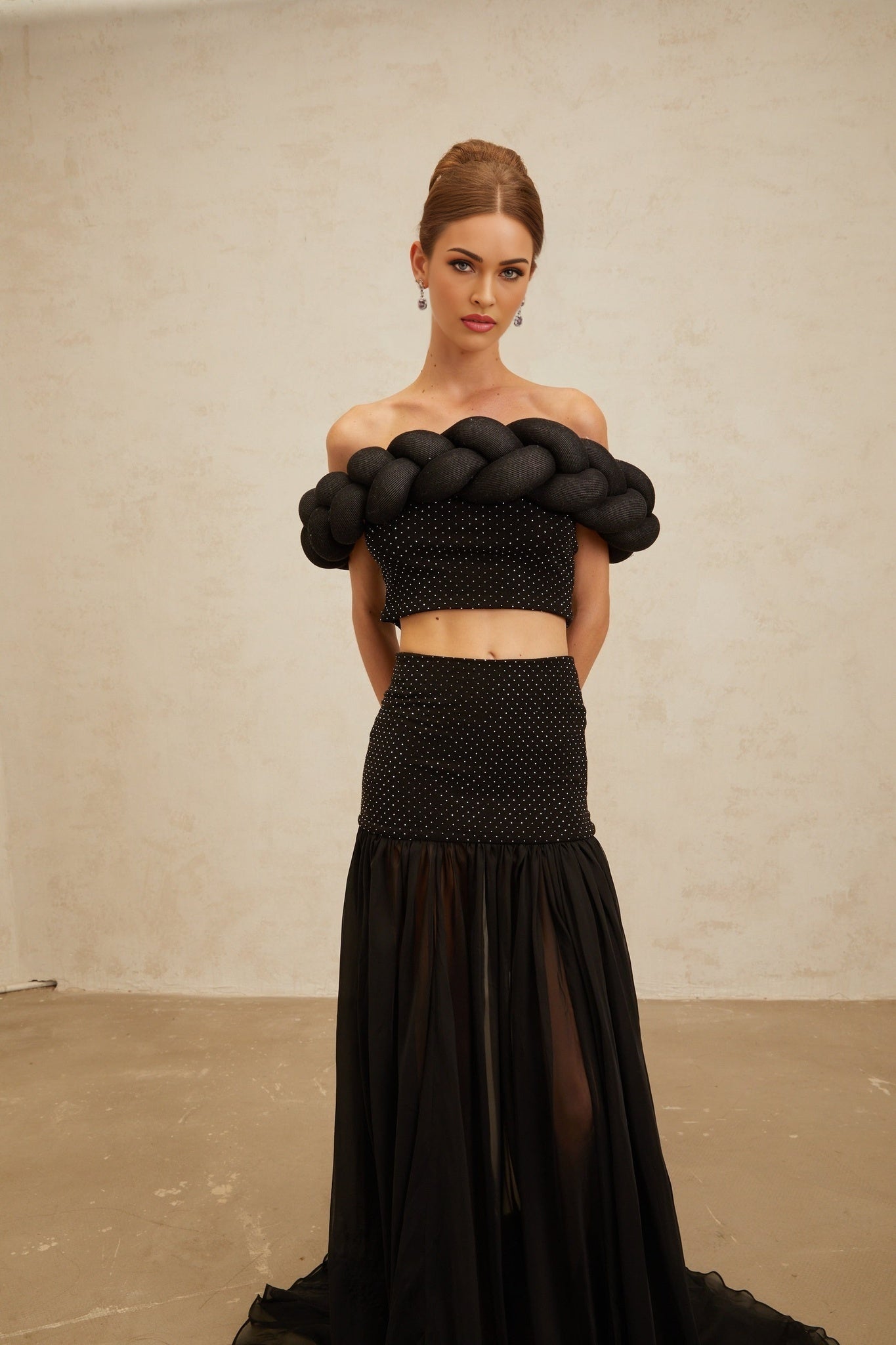 Lacey Crop Top - Off - the - shoulder - Braid Detail - Rhinestone Embellishments