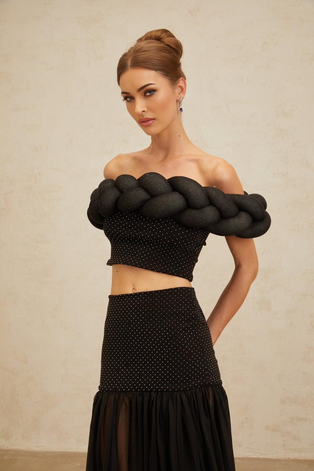 Lacey Crop Top - Off - the - shoulder - Braid Detail - Rhinestone Embellishments