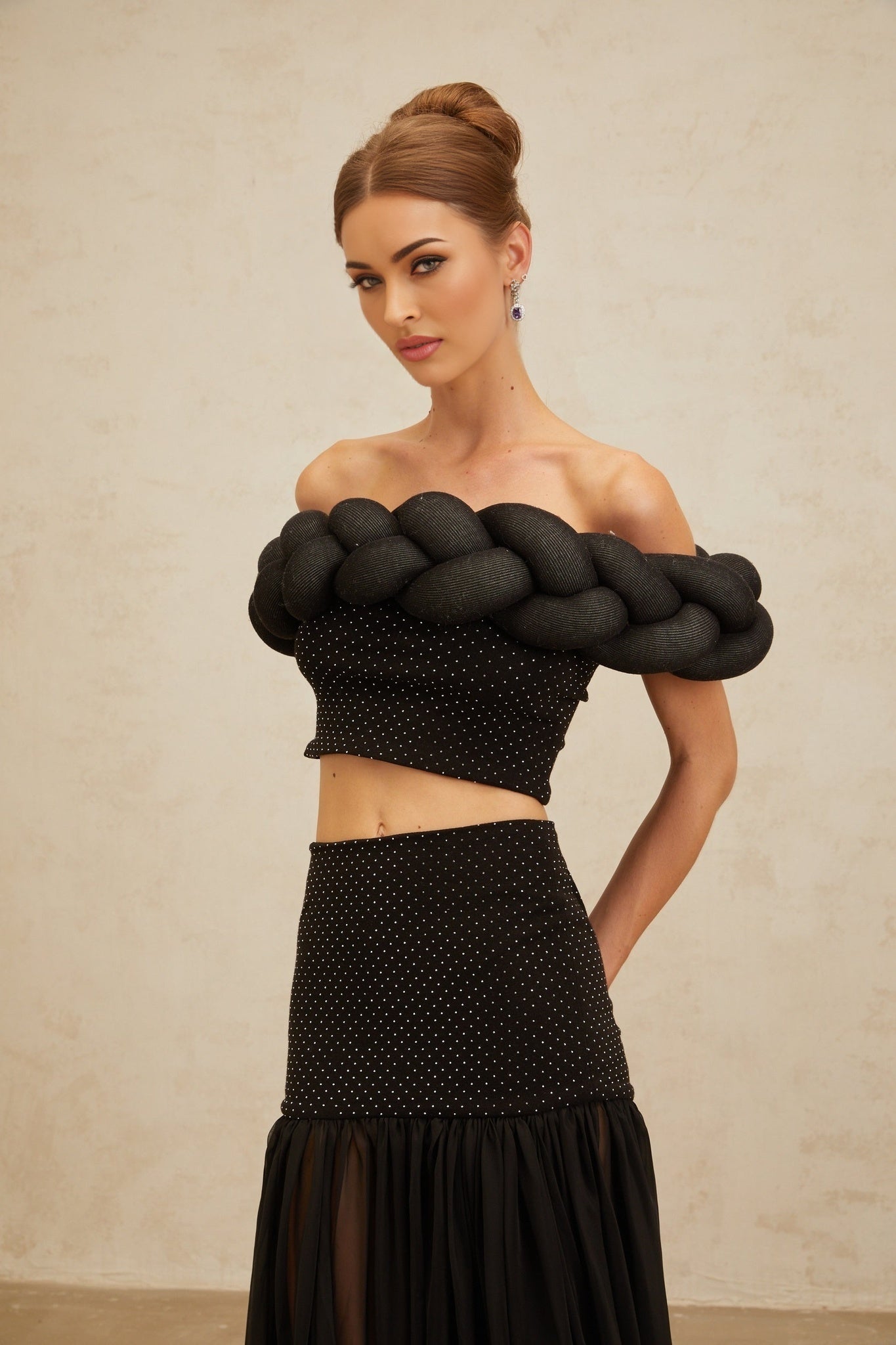 Lacey Crop Top - Off - the - shoulder - Braid Detail - Rhinestone Embellishments