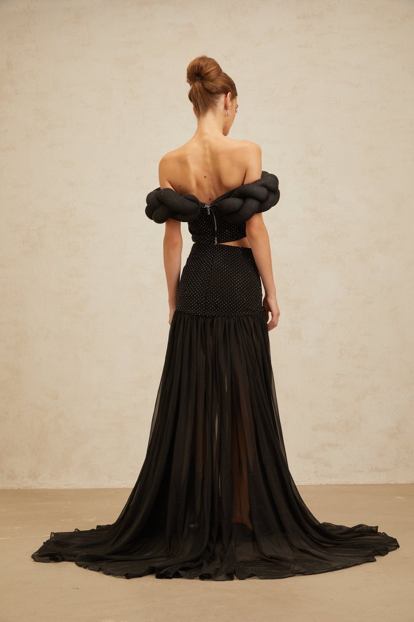 Lacey Crop Top - Off - the - shoulder - Braid Detail - Rhinestone Embellishments