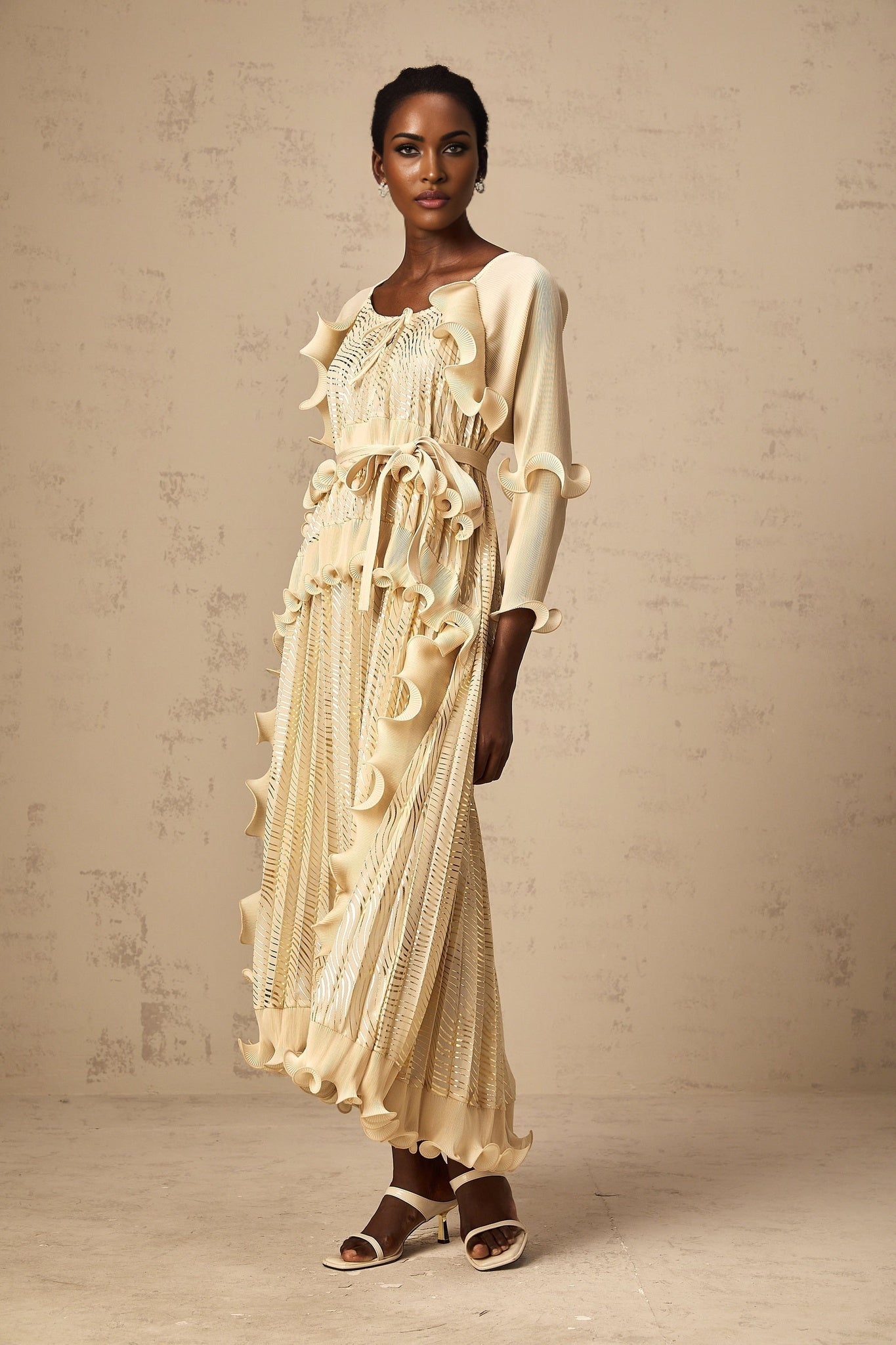 Lacey Midi Dress – Long Sleeves – Ruffled Detailing – Pressed Crease