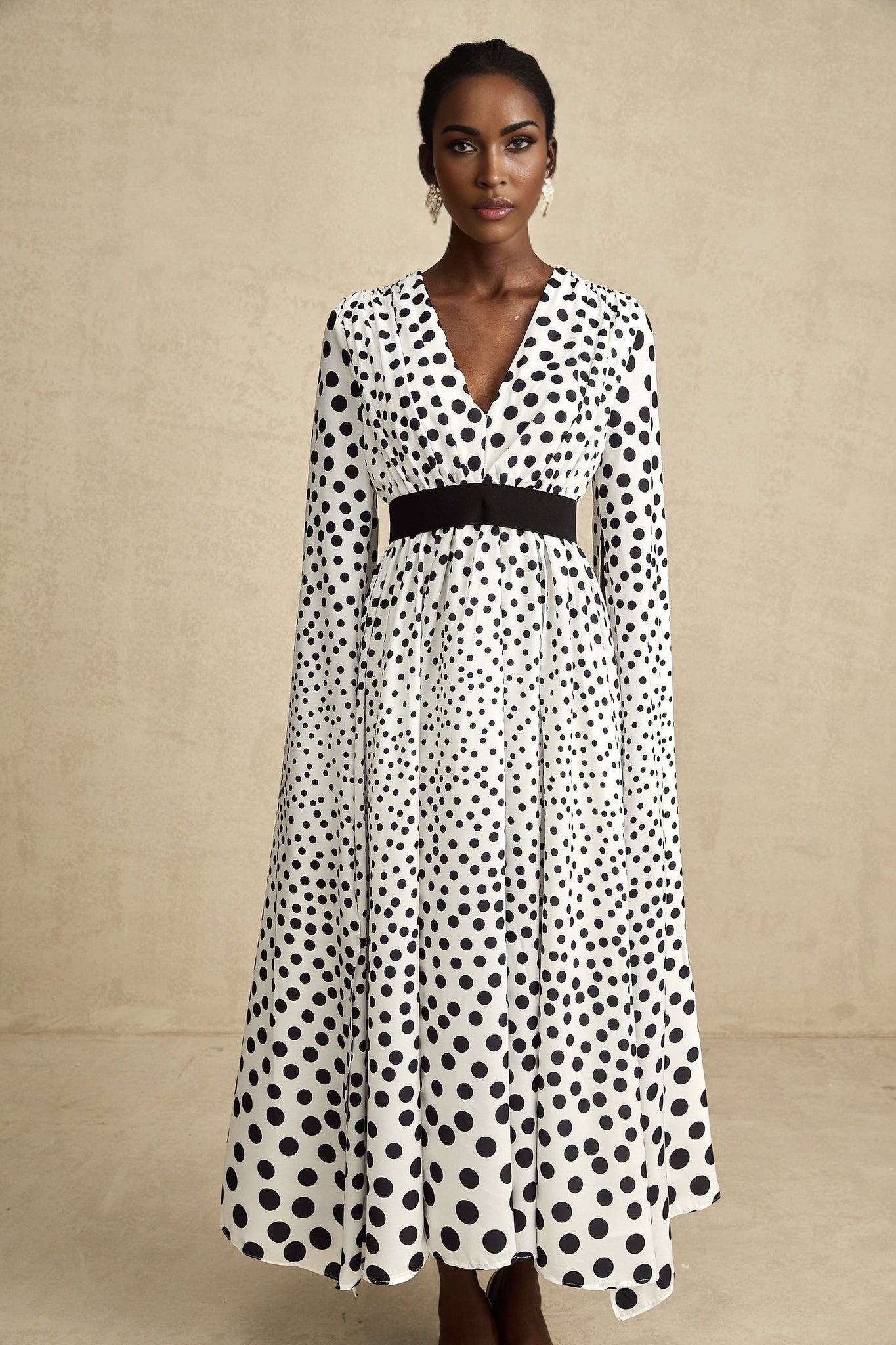 Lacey Midi Dress - Plunging V - neck - Extra - long slit sleeves - Cinched waist - Polka - dot
