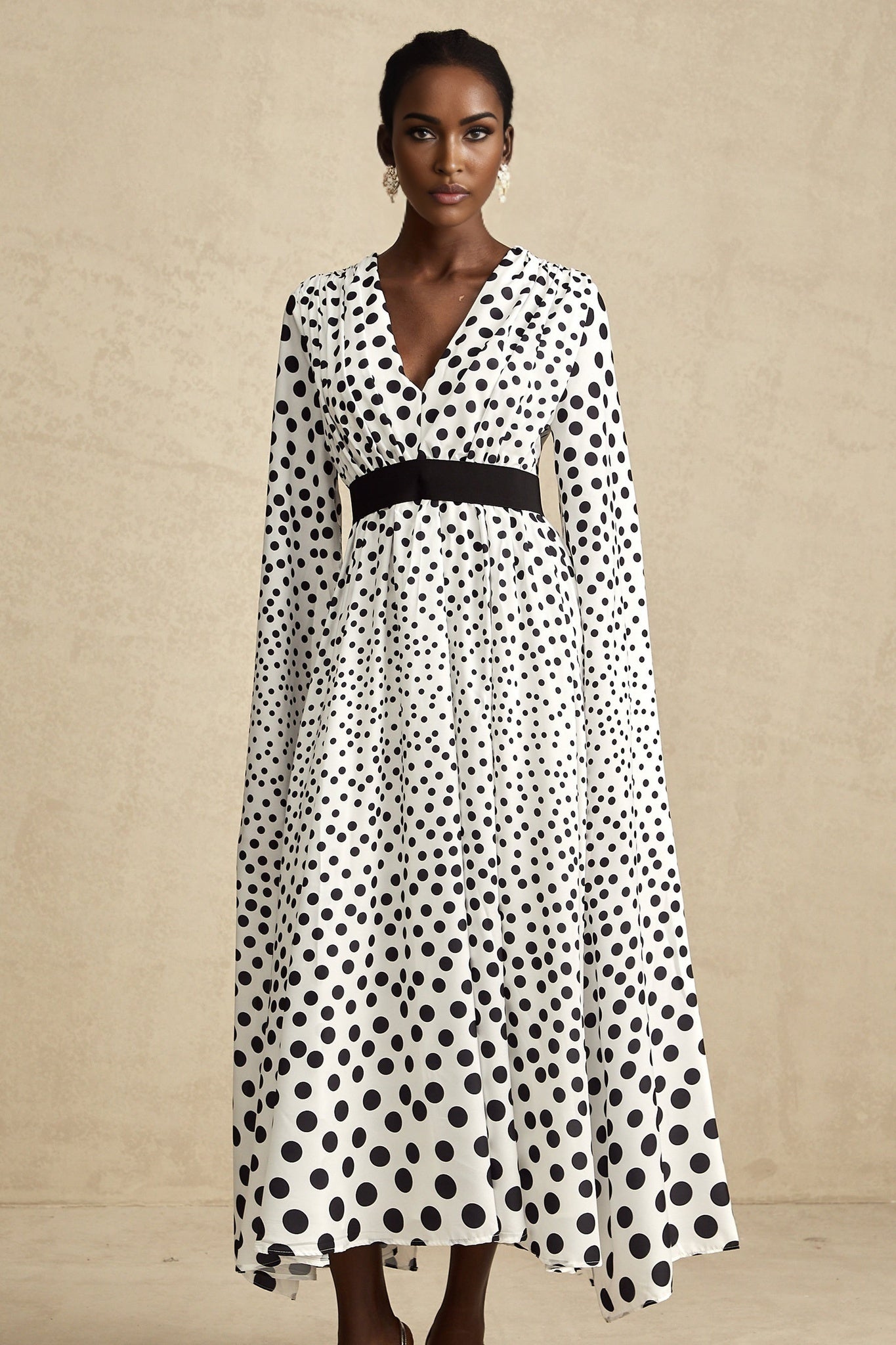 Lacey Midi Dress - Plunging V - neck - Extra - long slit sleeves - Cinched waist - Polka - dot