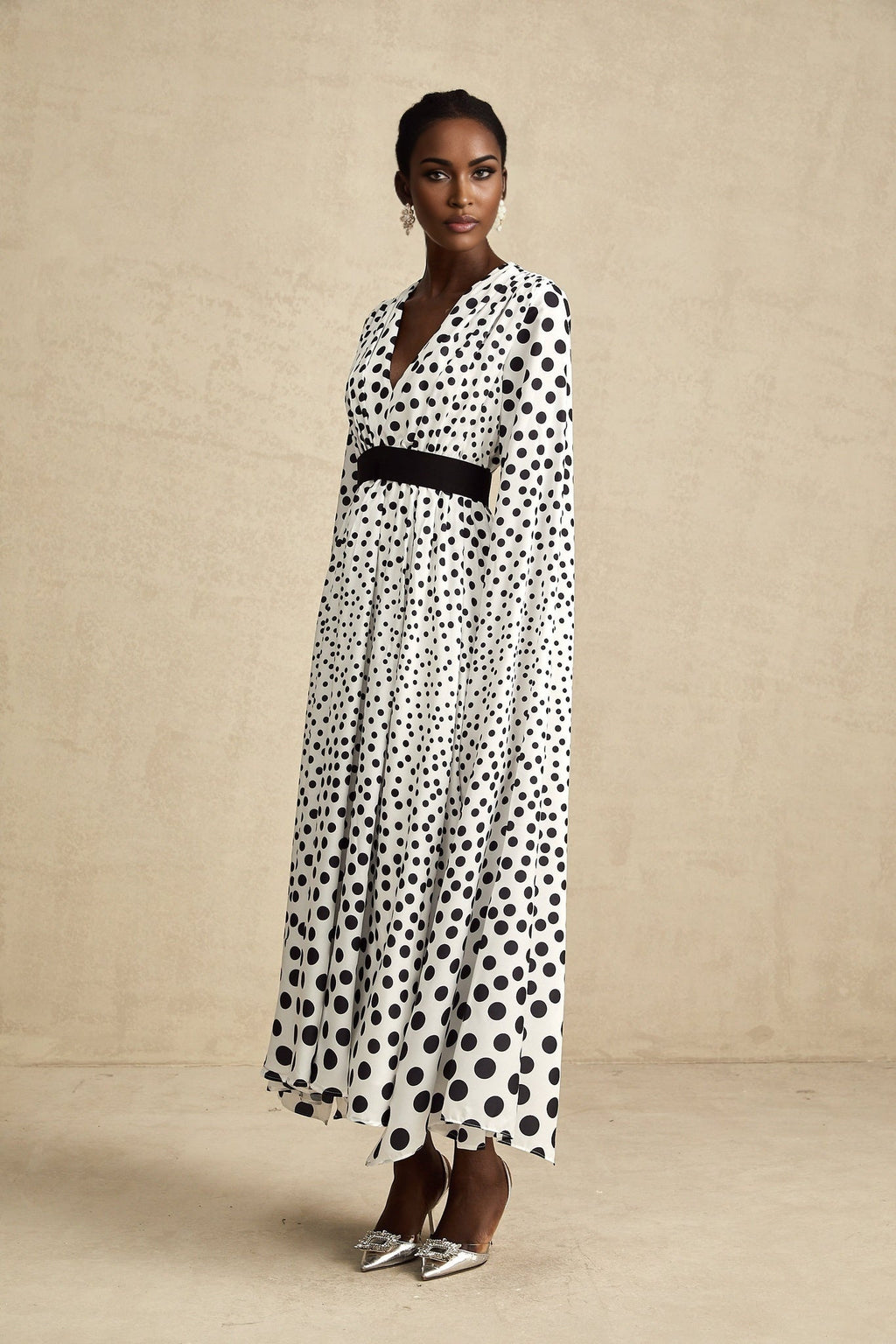 Lacey Midi Dress Polka Dot White & Black Slit Sleeves V Neck