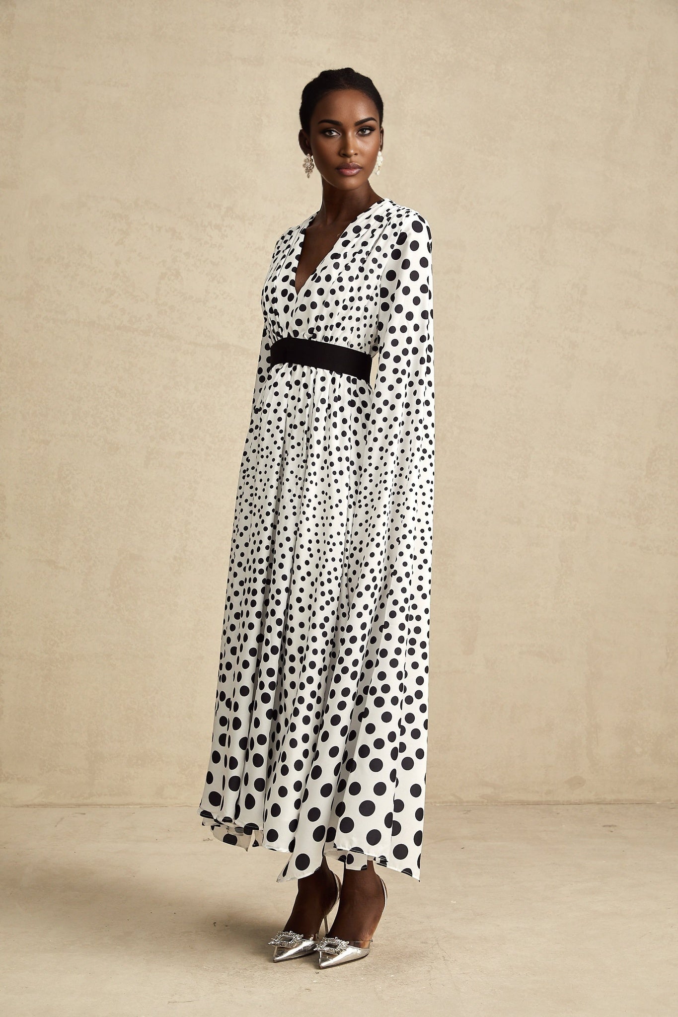 Lacey Midi Dress Polka Dot White & Black Slit Sleeves V Neck