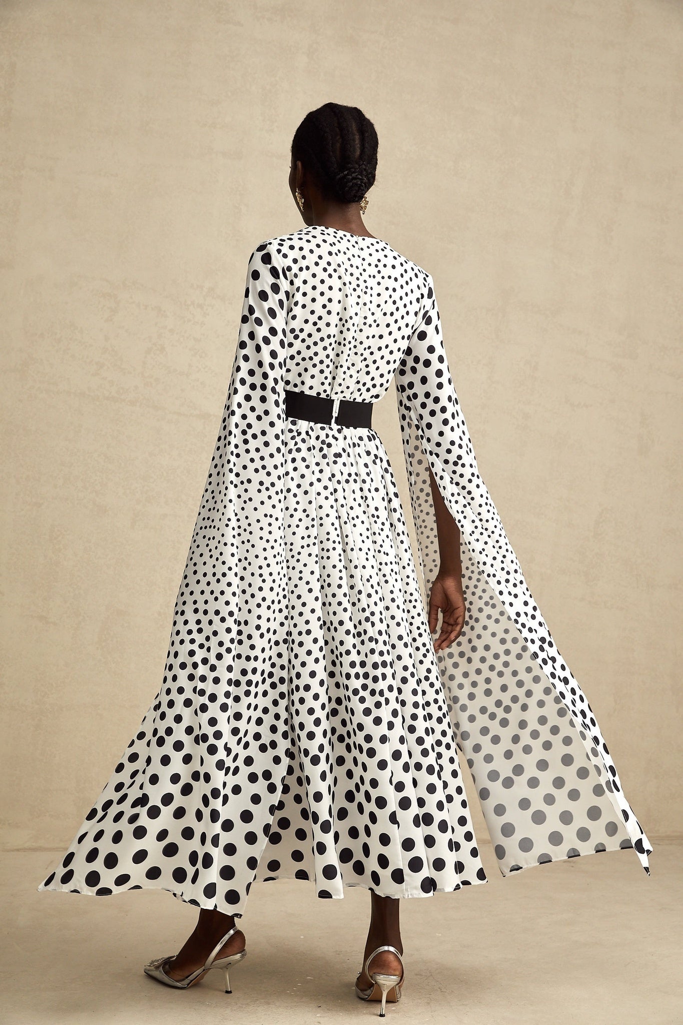 Lacey Midi Dress Polka Dot White & Black Slit Sleeves V Neck