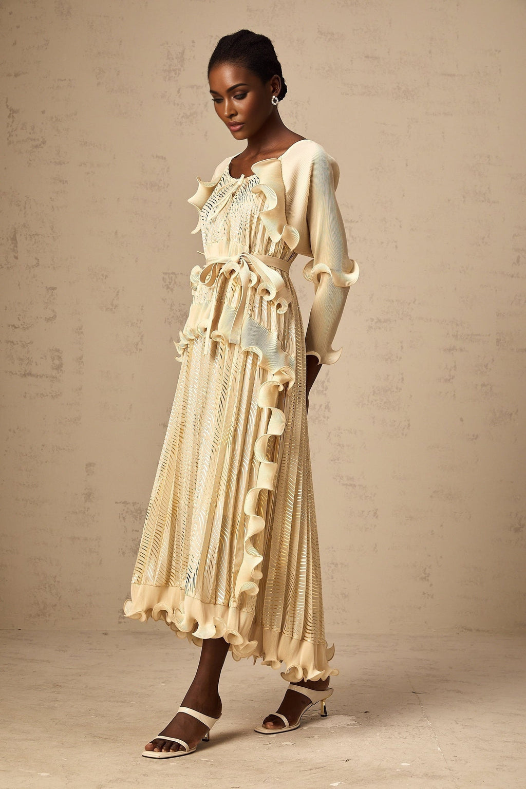 Lacey Midi Dress - Ruffled Detailing & Wavy Pattern