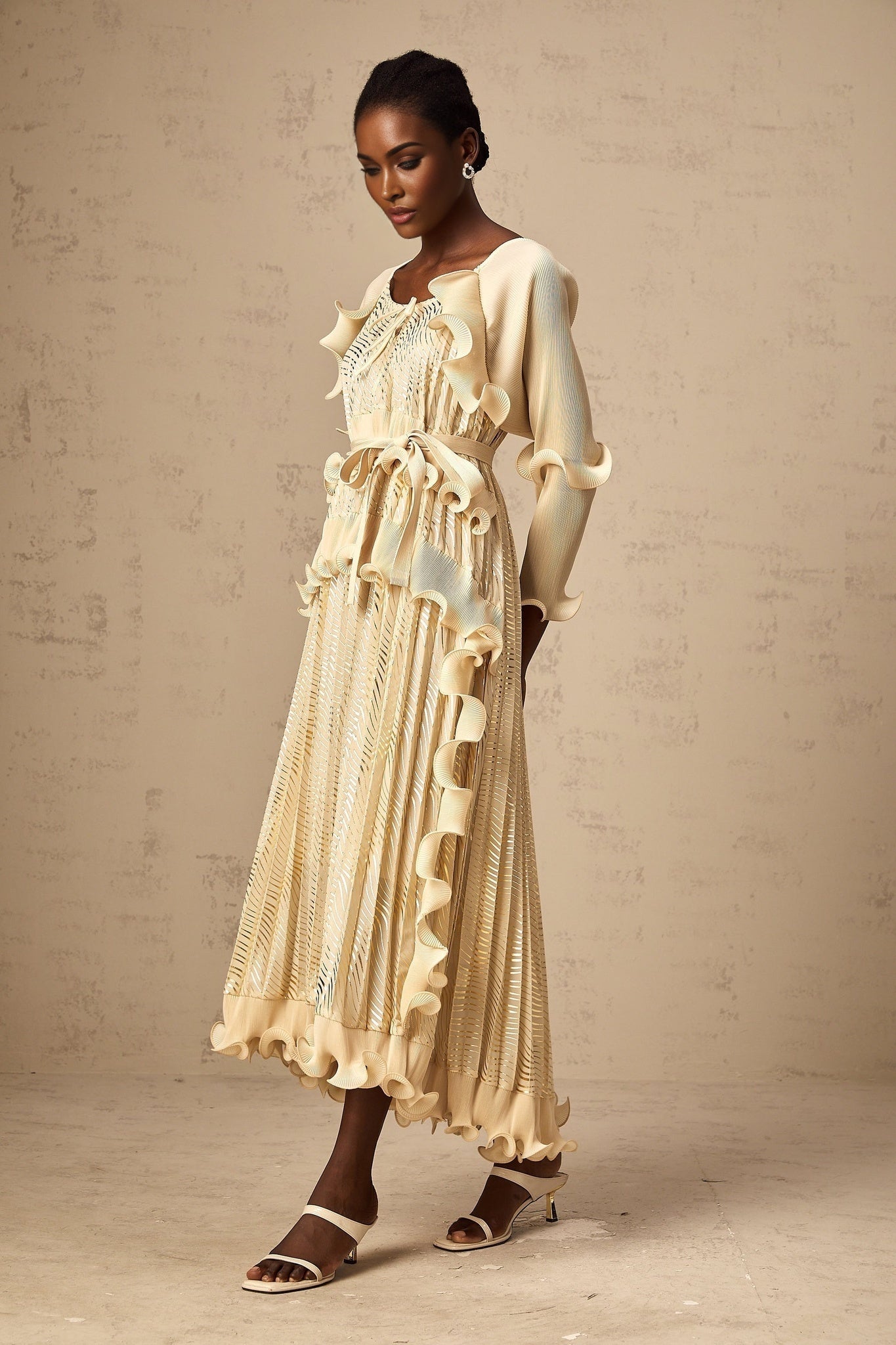 Lacey Midi Dress - Ruffled Detailing & Wavy Pattern
