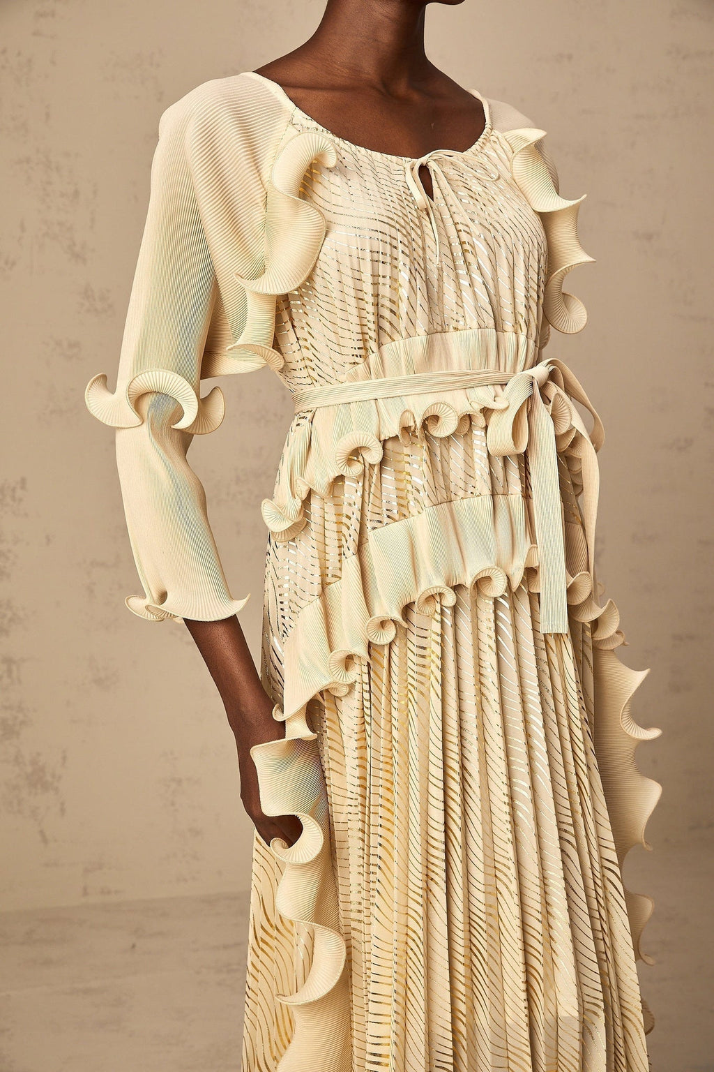 Lacey Midi Dress - Ruffled Detailing & Wavy Pattern