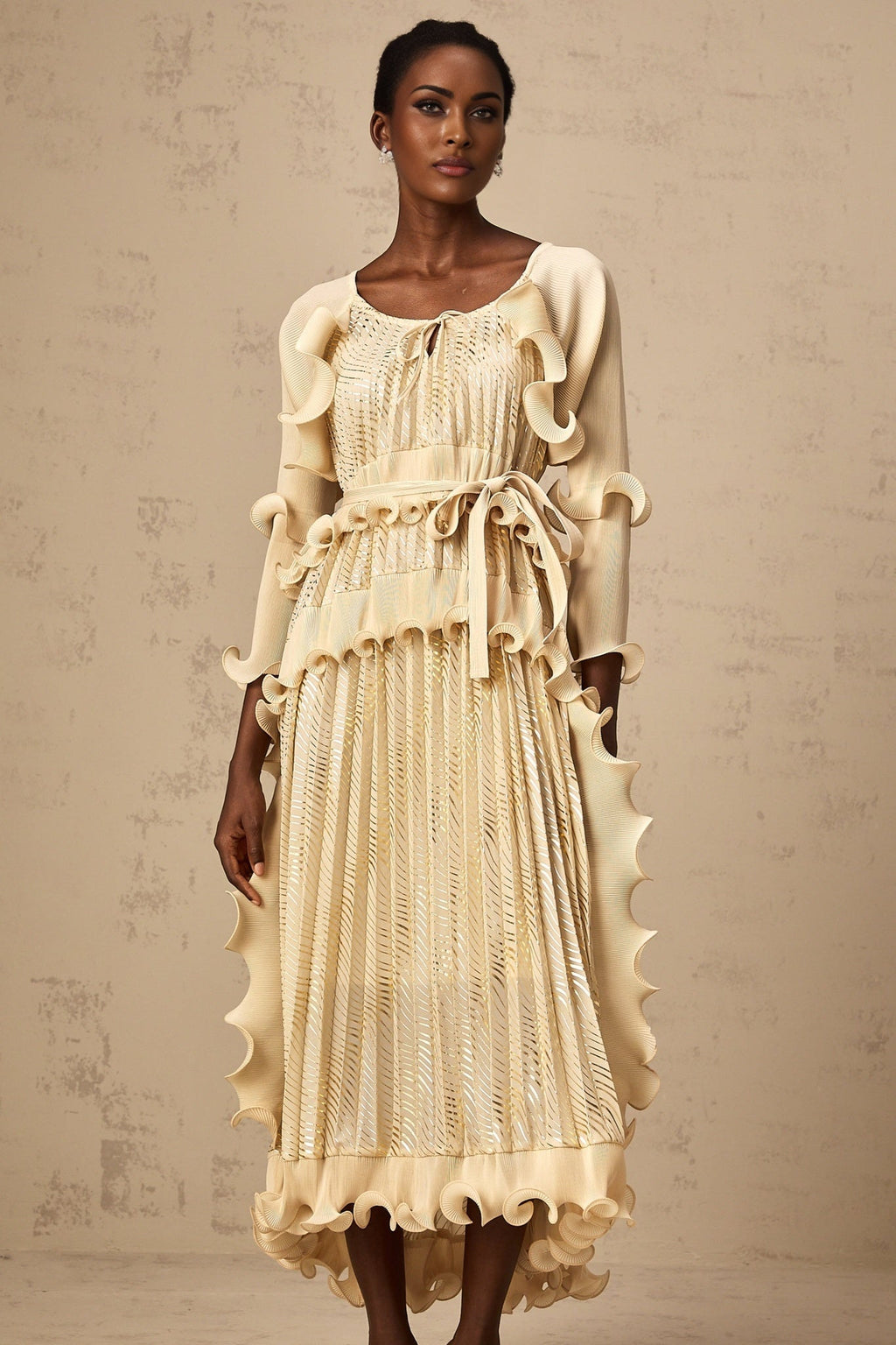 Lacey Midi Dress - Ruffled Detailing & Wavy Pattern