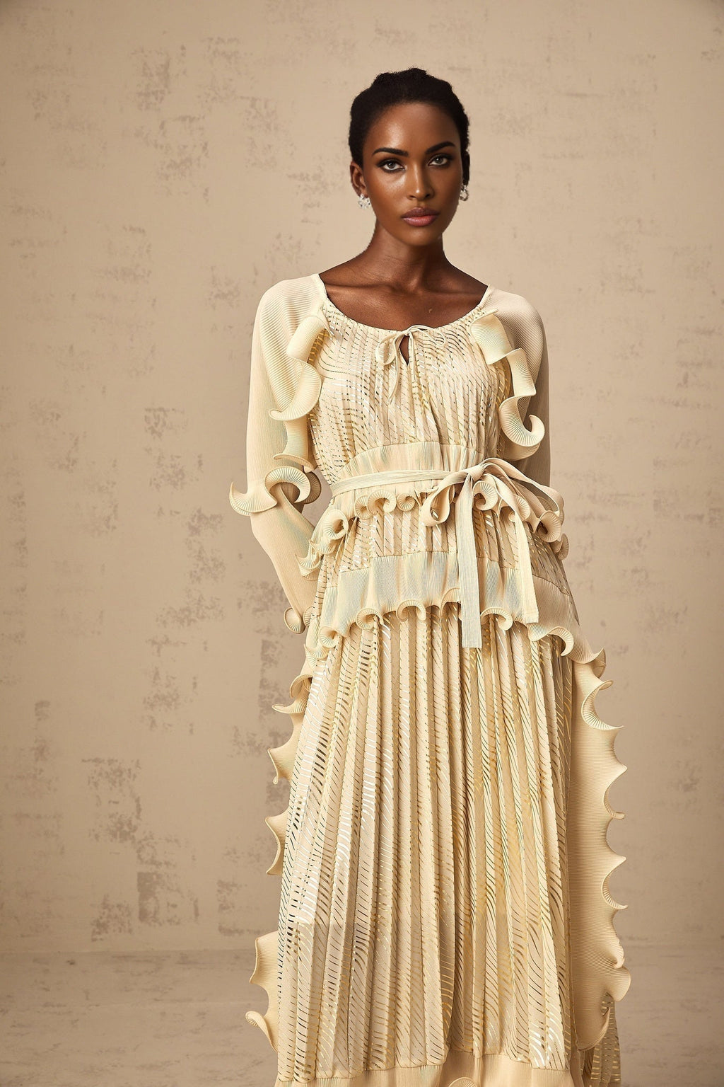 Lacey Midi Dress - Ruffled Detailing & Wavy Pattern