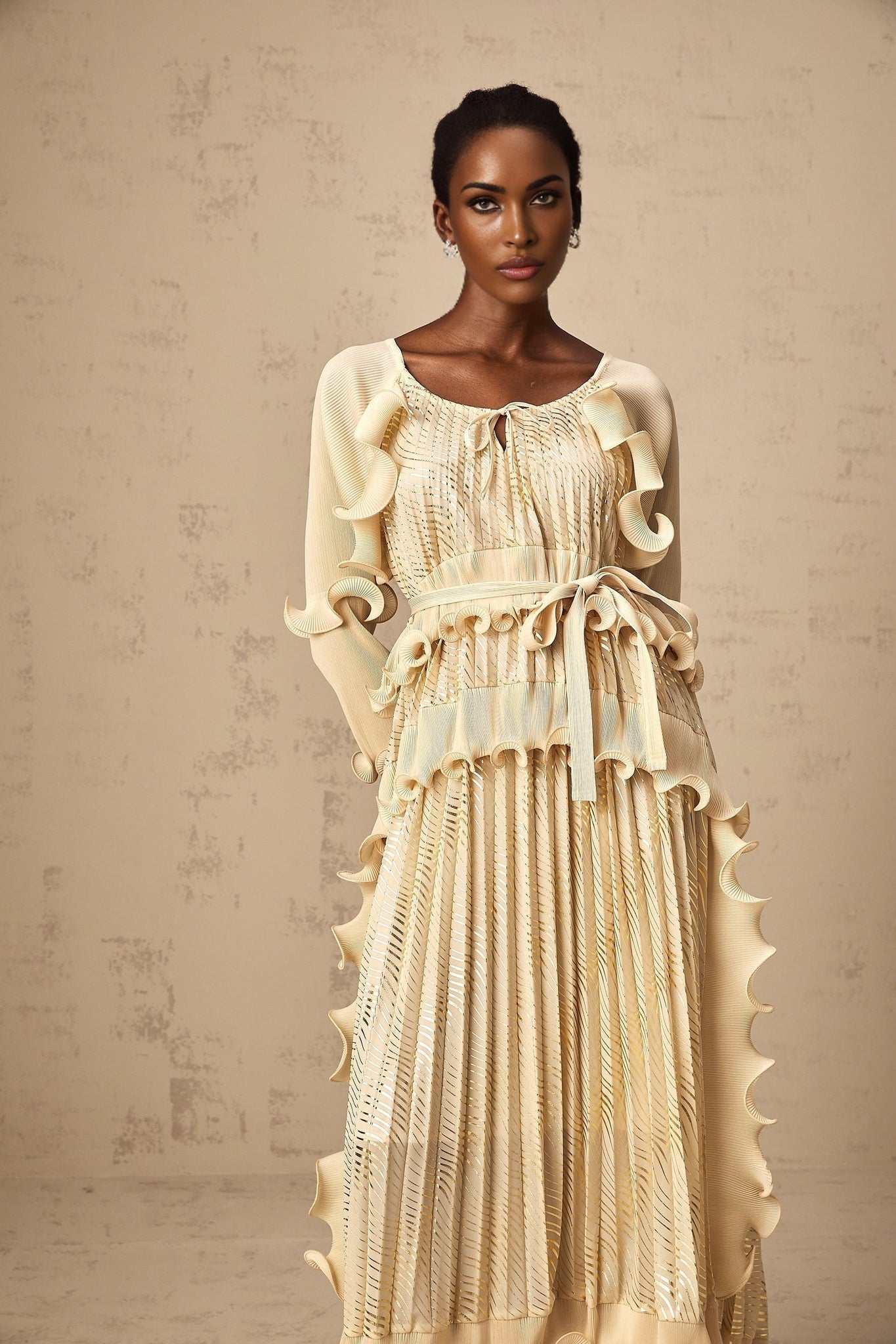 Lacey Midi Dress - Ruffled Detailing & Wavy Pattern