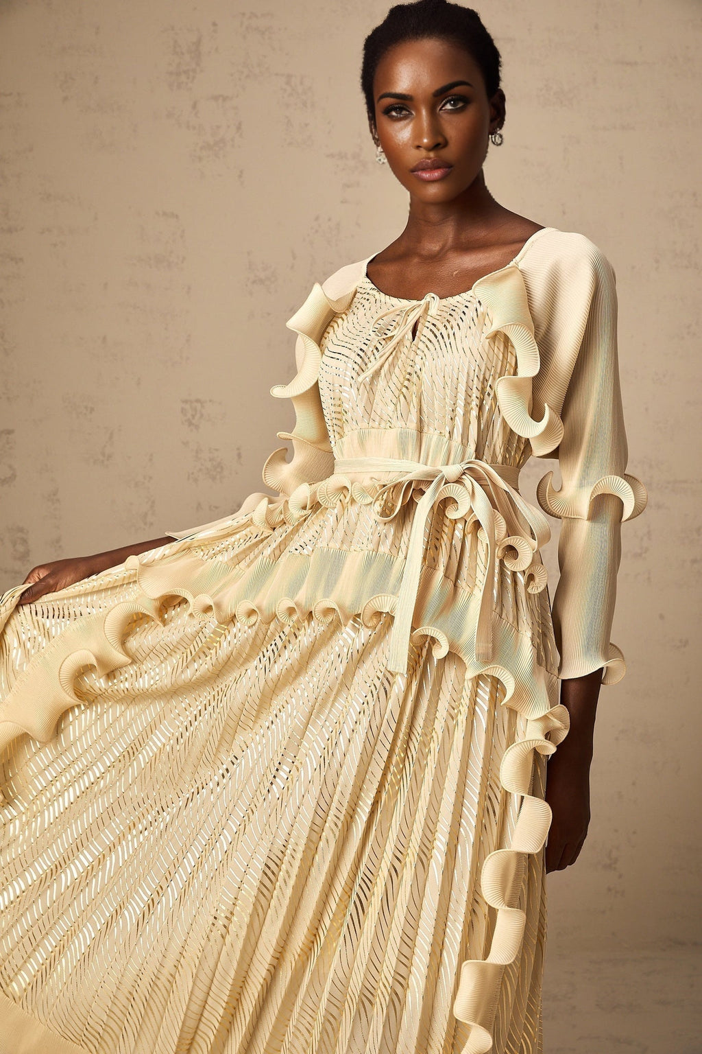 Lacey Midi Dress - Ruffled Detailing & Wavy Pattern