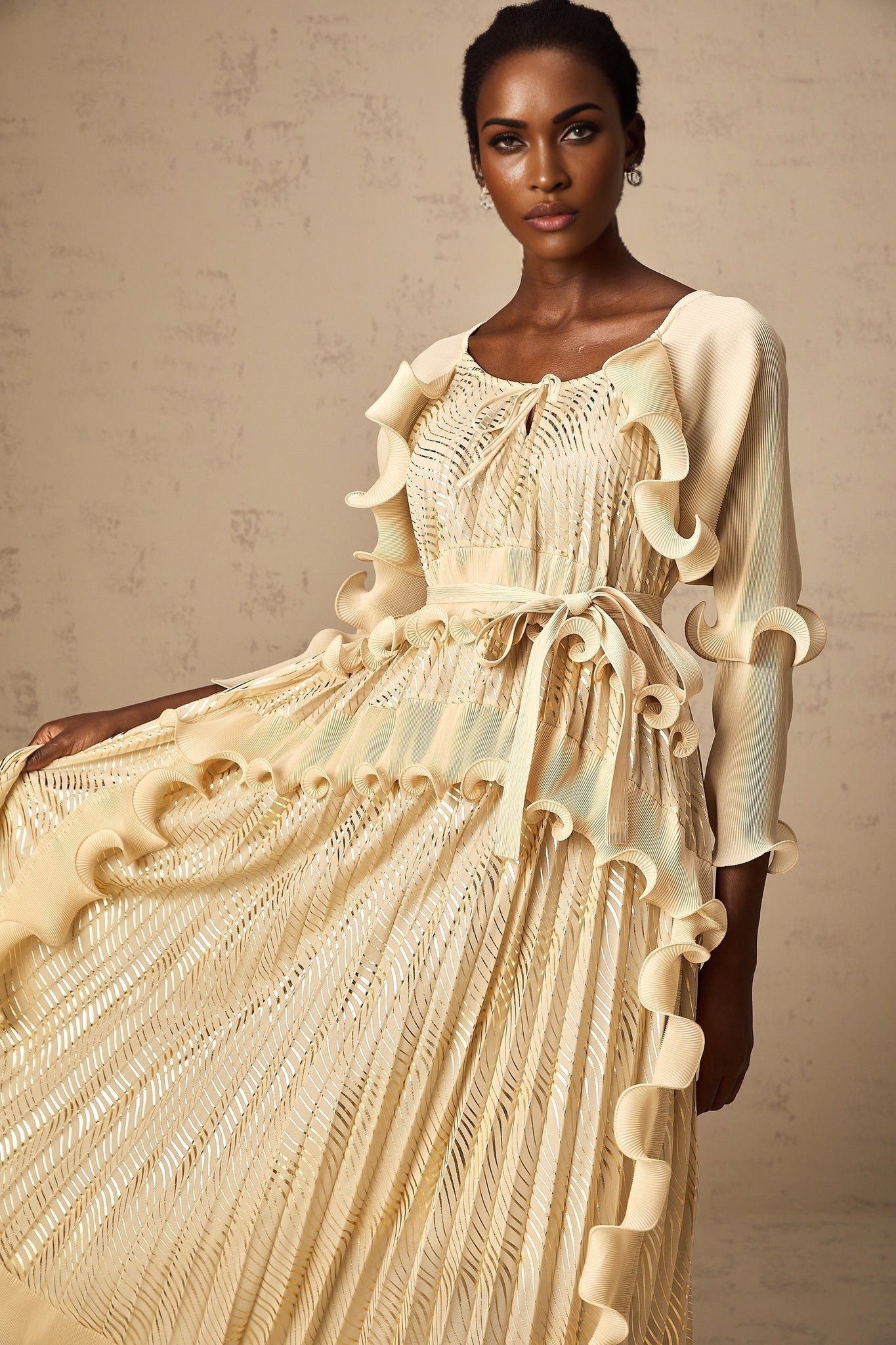 Lacey Midi Dress - Ruffled Detailing & Wavy Pattern