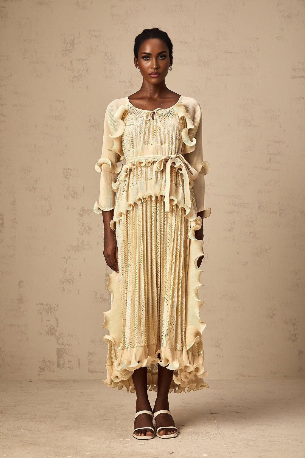 Lacey Midi Dress - Ruffled Detailing & Wavy Pattern