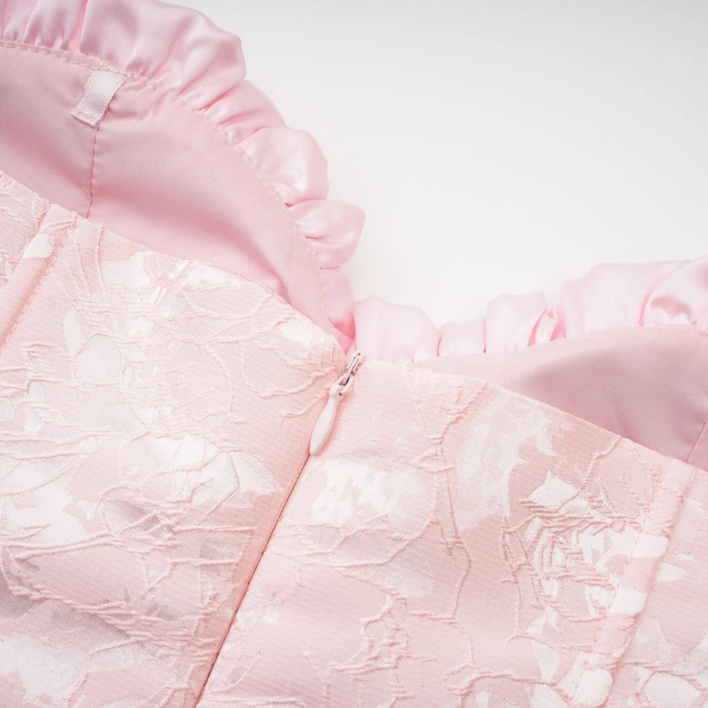 Lacey Mini Dress Pink Jacquard Off The Shoulder Flare Hem
