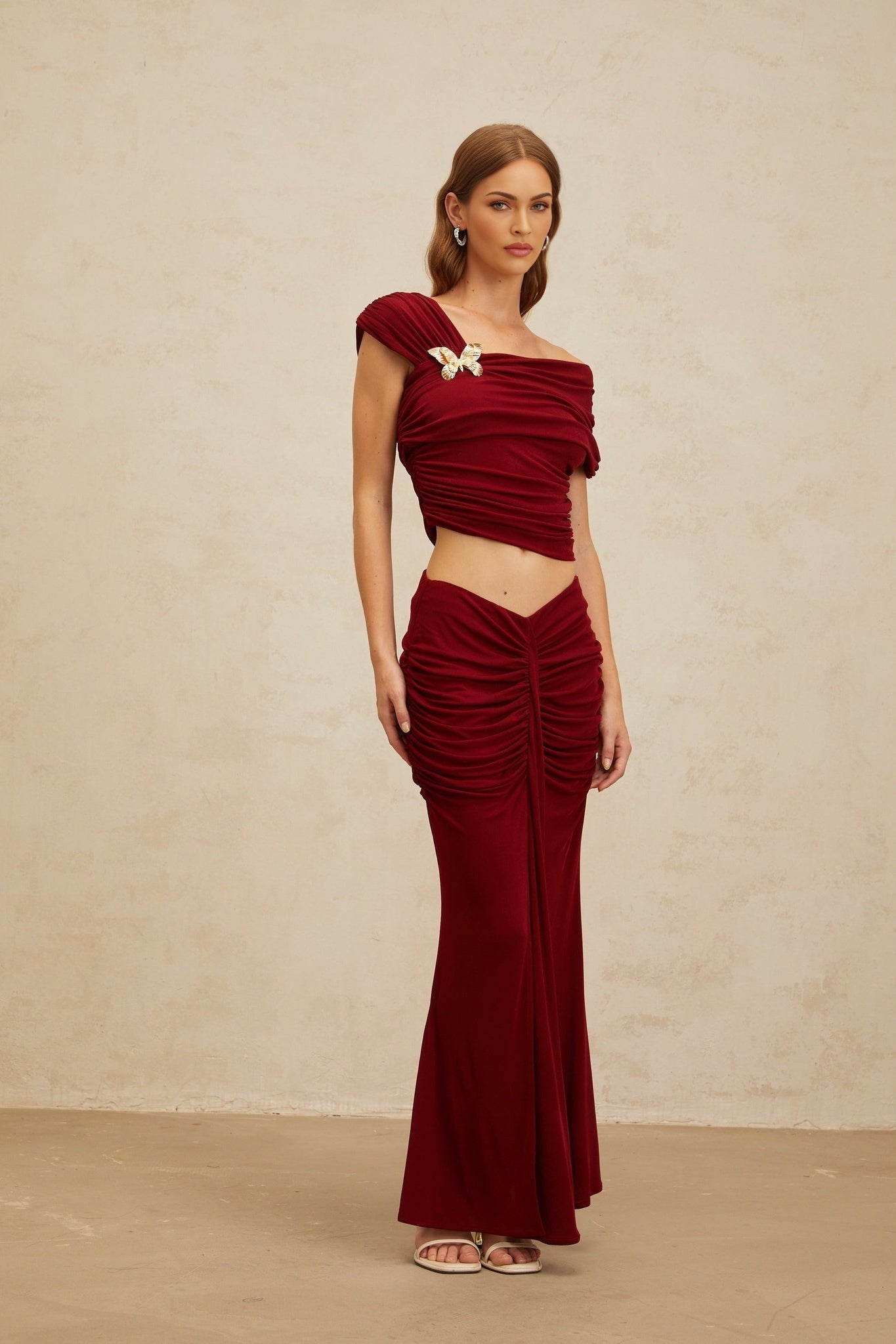 Lacey Top & Skirt - Mono Shoulder - Butterfly Brooch - Ruched Detailing - Asymmetrical Design - Mermaid Hem