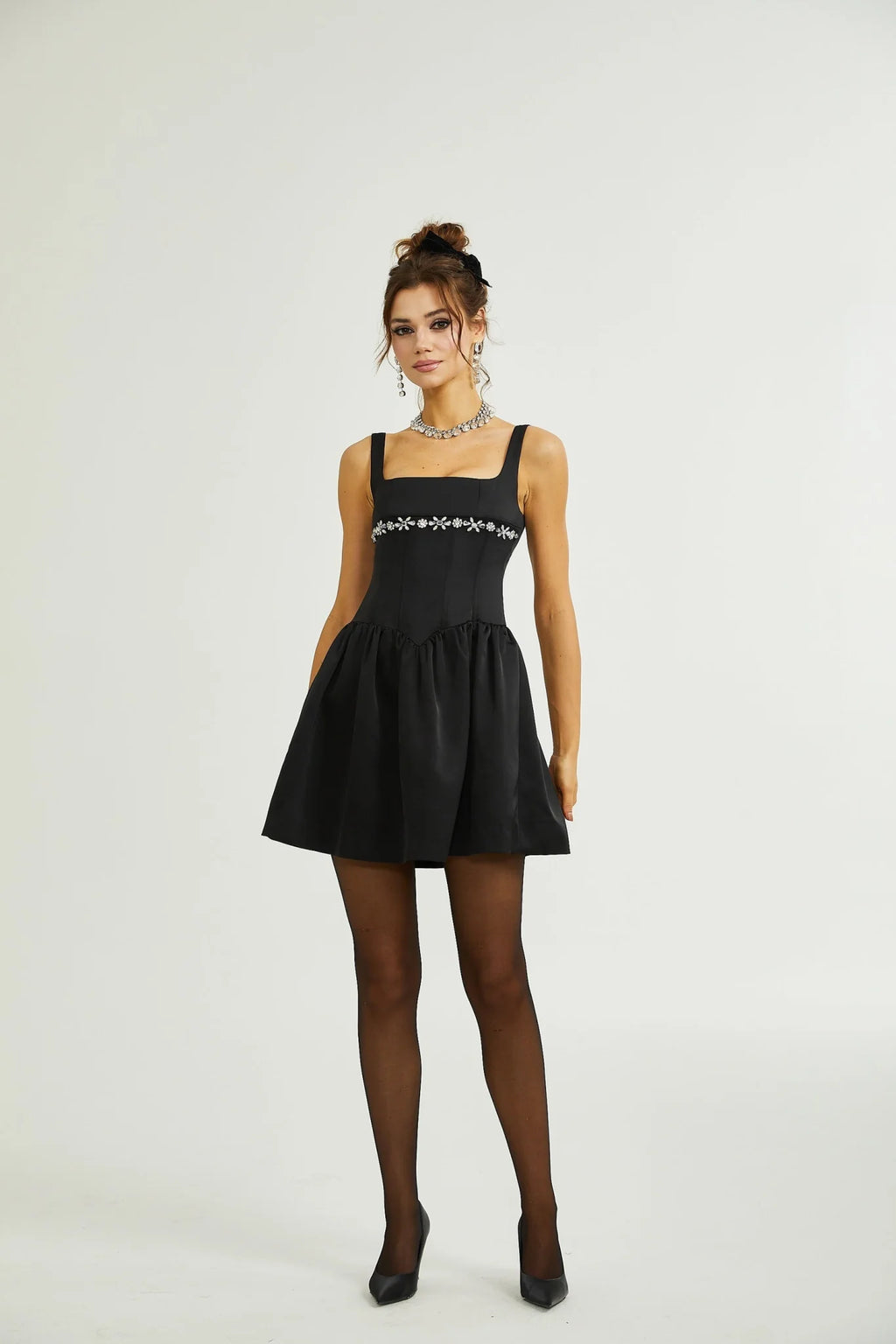 Laila Dress Black Flared Crystal Embellished & Pleated