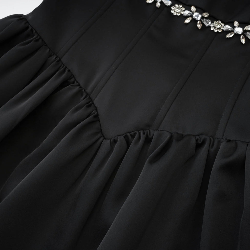 Laila Dress Black Flared Crystal Embellished & Pleated